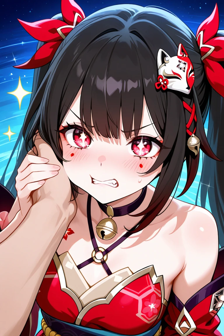 ((masterpiece, best quality)), high resolution,ultra detailed,8k,16k,detailed background, perfect lighting,1girl,nsfw,solo,embarrassed,blush,half-closed eyes,steam,sweat,in heat,confused,(cum facial,cum on tongue,cum on face:1.4),portrait,face focus,chin up,stick tongue out,(from front),(from above,screaming,oral,show mouth:1.4),kneeling,sparkle \(honkai: star rail\),twintails, hair ornament,off shoulder kimono, mask on head, detached sleeves, choker, obi, single glove, wristband, criss-cross halter, thigh strap,short stature,little_girl,small breast,black hair,twintail,red eye,(anime style:1.2),in gold hotel room