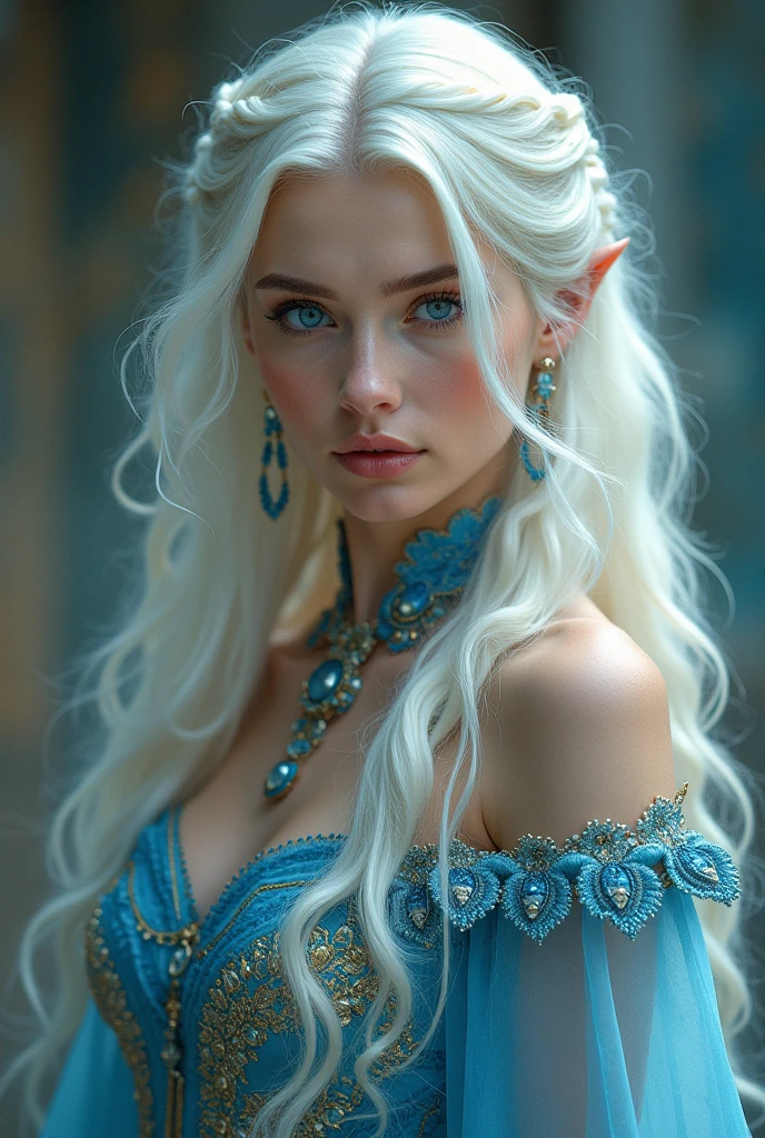 FACE SHOT OF BEAUTIFUL BOMBSHELL DOLKIN ELF WOMAN, 30 YEARS OLD, HUGE LONG PLATINUM HAIR, VERY PALE SKIN, EXPRESSIVE TURCOISE EYES, LOVELY FACE, ENIGMATIC FACE EXPRESSION, GORGEOUS LIPS, ROSY CHEEKS, HIGH CHEEKBONES, MENTAL FORAMEN, VOLUMOUS BREASTS, FULL NECK CLEAVAGE, LIGHT BLUE NECK DRESS, ATHLETIC CURVY BODY, FRONTAL ANGLE SHOT, DEEP FORREST, DAYLIGHTS, BACK LIGHTS, SUN LIGHTS, MASTERPIECE, ACCURATE IMAGE