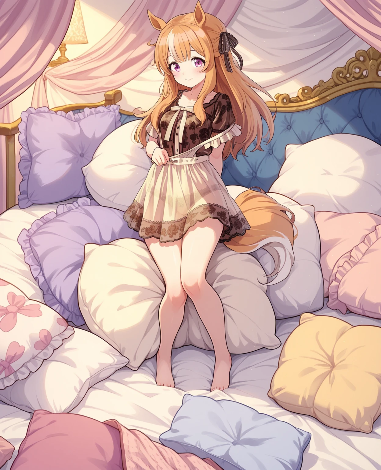 (best quality, masterpiece),full body, 1 girl, solo, mine ,nsfw, details, (Light and shadow oxtail , Cute girl posing on pillow ,steam, pillow humping,(pillow ride), masturbation, pillow straddling, crotch rub, hump,open mouth , kneeling,(Steaming hot),(pillow), (((frilled pillow))), base on anime, LatifaFleuranza, blonde hair, blue eyes, very long hair, tiara, LatifaPajama, pajamas