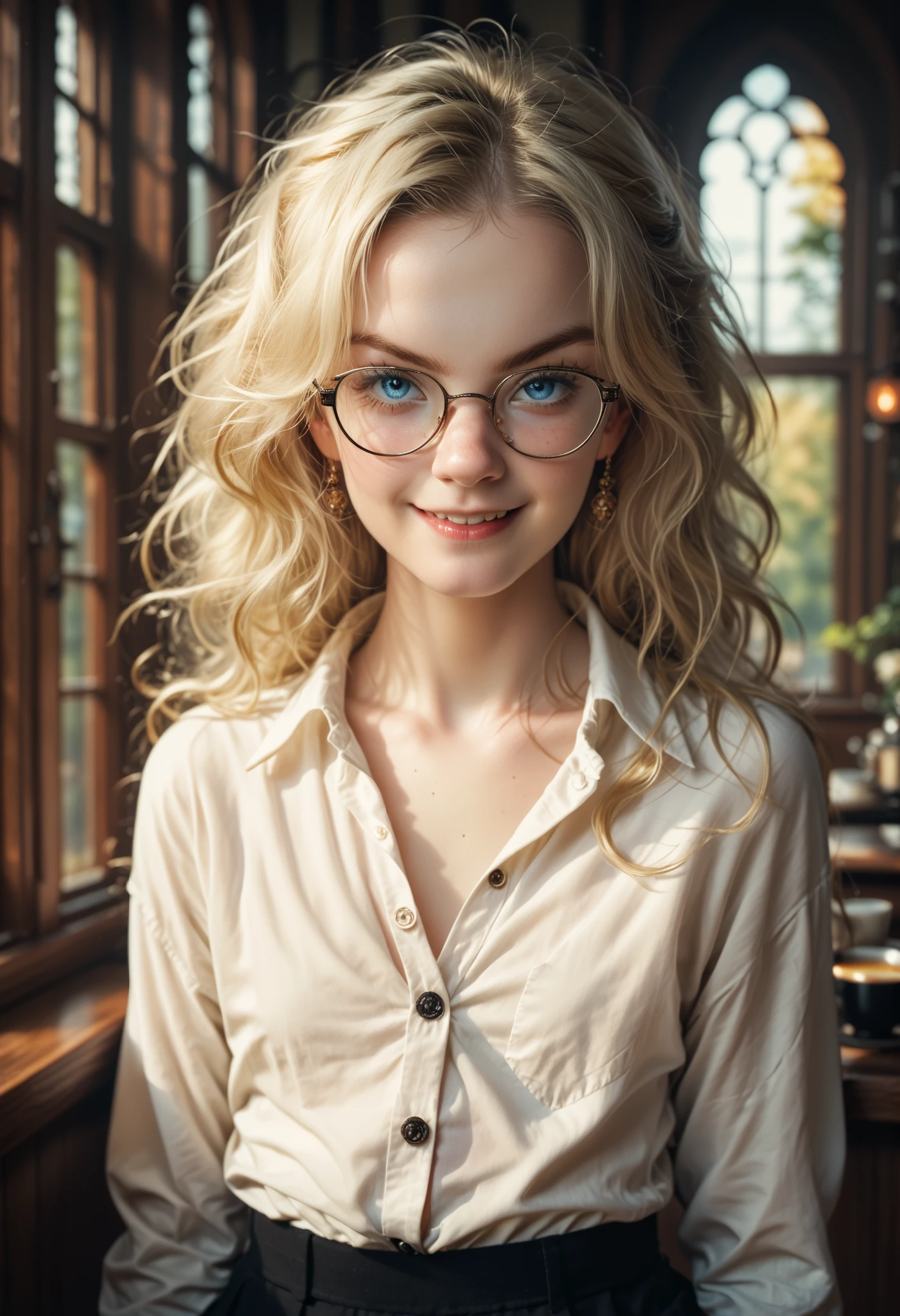 high resolution, ultradetailed, high detailed picture, solo:1.2, dynamic pose, dynamic angle, smug, seductive, moody lighting, intricate details, cinematic composition, melancholic expression, Luna Lovegood [Harry Potter]), blonde hair, blue eyes, glasses, flat chest, deep_negative_pony, early in the morning, a girl is leaning on the windowsill and drinking coffee, wearing only a white loose shirt with a long sleeve, the shirt is unbuttoned, Stable_Yogis_PDXL_Negatives