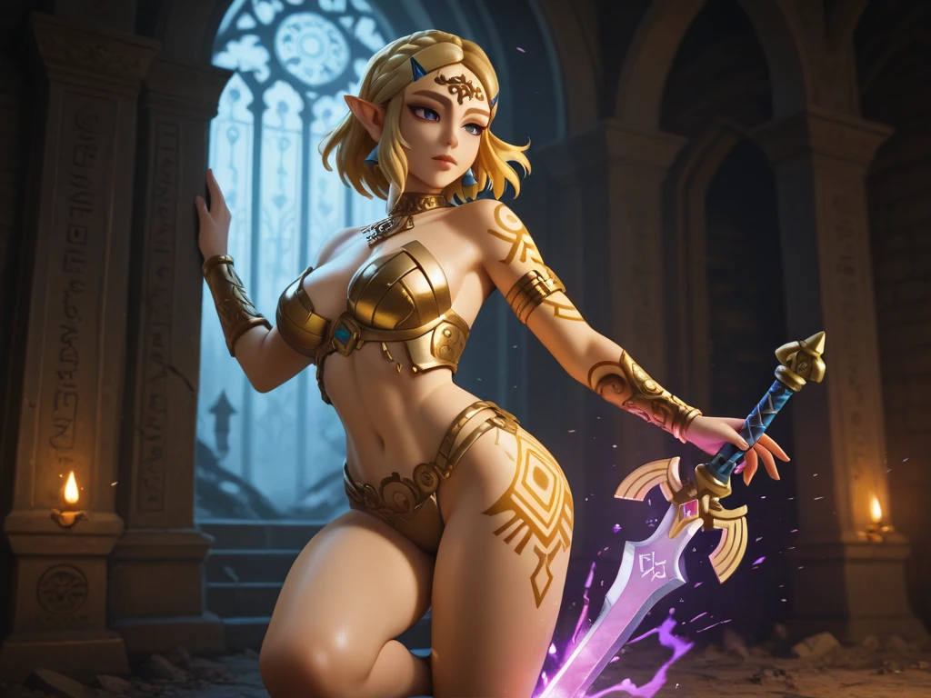 1slave, Full-body art, elf chained, bound, elf girl in shackles, squatting, kneeling, knees on the ground, bikini, camel toe, medium breasts, girl chained , chains, knees spread, shy and embarrassed expression, crowded market place