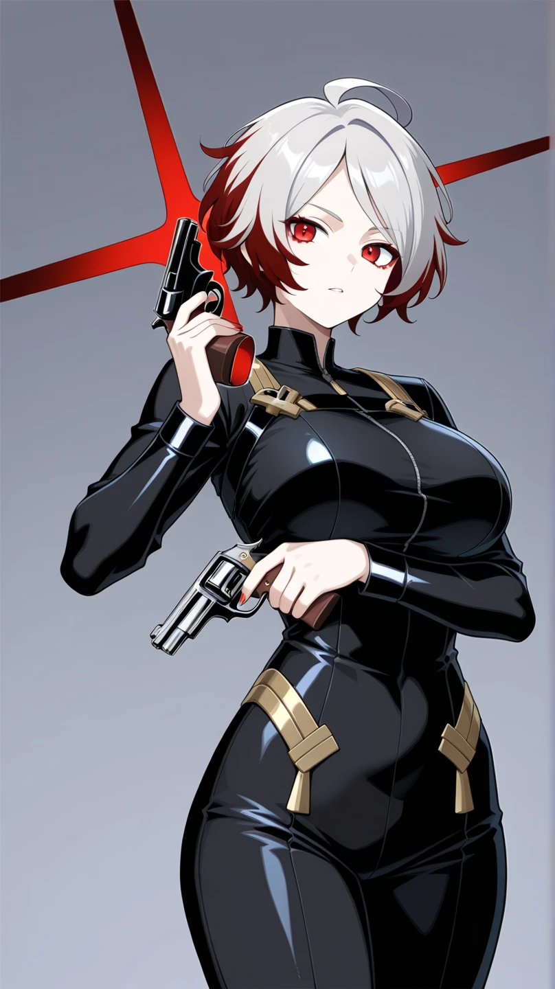 masterpiece, best quality, mature woman, short hair, trimmed hair, gray hair, sharp eyes, amber eyes, glossy lips, sharp expression, focused expression, operative clothing, fingerless gloves, cigarette in mouth, holding gun, ruined building