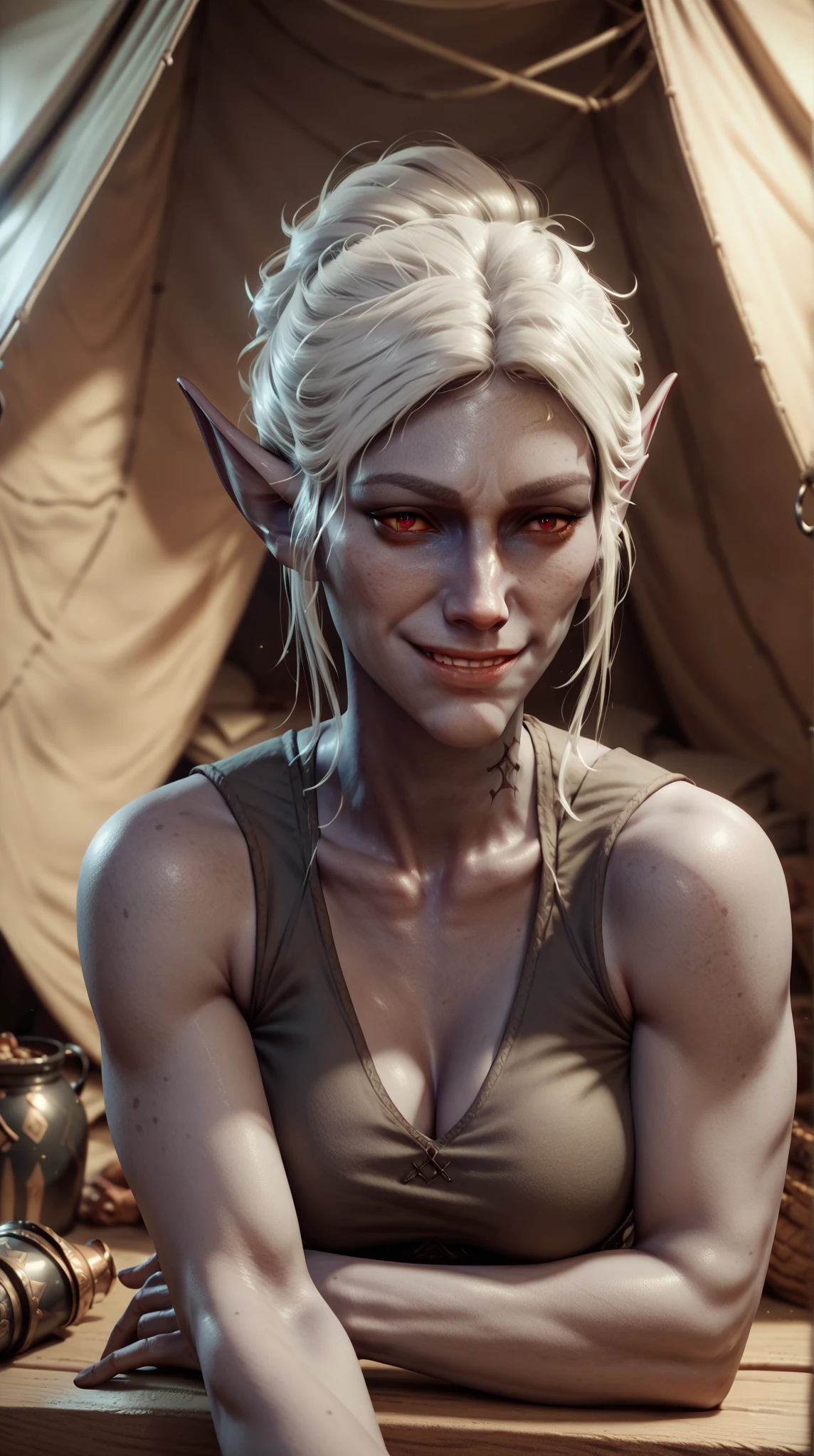 Skyrim elf in the robe of a Skyrim magician in a tavern in full growth close-up art 3D realistic