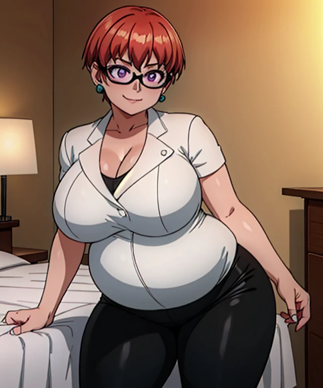 1girl, solo, mature female, milf, gigantic breasts, plump, curly hair, short hair, short bangs, orange hair, green eyes, freckles, glasses, black bra, black panties, bed, bedroom