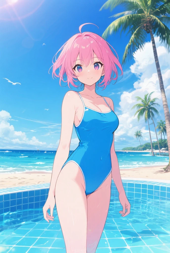 Cute Swimsuit、Random Swimsuit、Acme Face、Random pose、, Medium Hair、、Pale blue eyes、Pink Hair、nsfw、Highest quality、1 girl、solo、Ocean、Sandy Beach、Sexy pose、Random pose、Blushing、Wet、Embarrassed、I can see half of my 、、One piece swimsuit、(Strap slip:1.3)