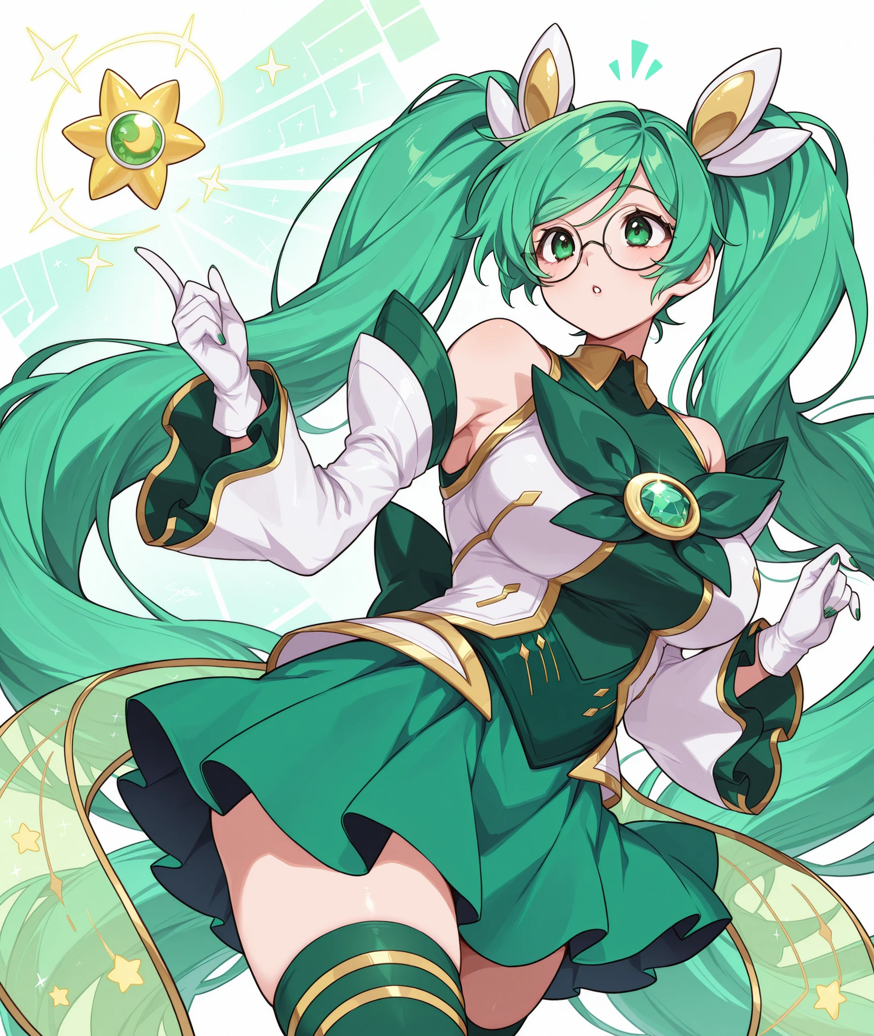 score_9, score_8_up, score_7_up, score_6_up, BREAK, 1girl,green hair,long hair,glasses,green eyes,twintails,bare shoulders,breasts,large breasts,round eyewear,sona_star,bangs,gloves,hair ornament,detached sleeves,skirt,very long hair,white gloves,green skirt,official alternate costume,green thighhighs,magical girl,gem,bowtie,green bow,green nails,