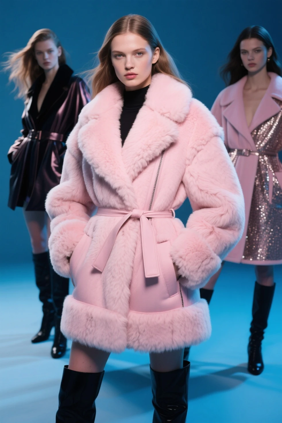 (Photo of a girl in a pink coat holding a little husky dog on the catwalk), (full bodyesbian:1.37) , (Wearing a pink coat),, fur attire, fluffly,wearing a pink dress,(Husky dogs wear the same pink coat),gucci catwalk, catwalks, walking down the catwalk, highly fashionable,!!! Husky puppy! 2 0 2 0 fashion, gucci clothes, catwalk photo, Furry style