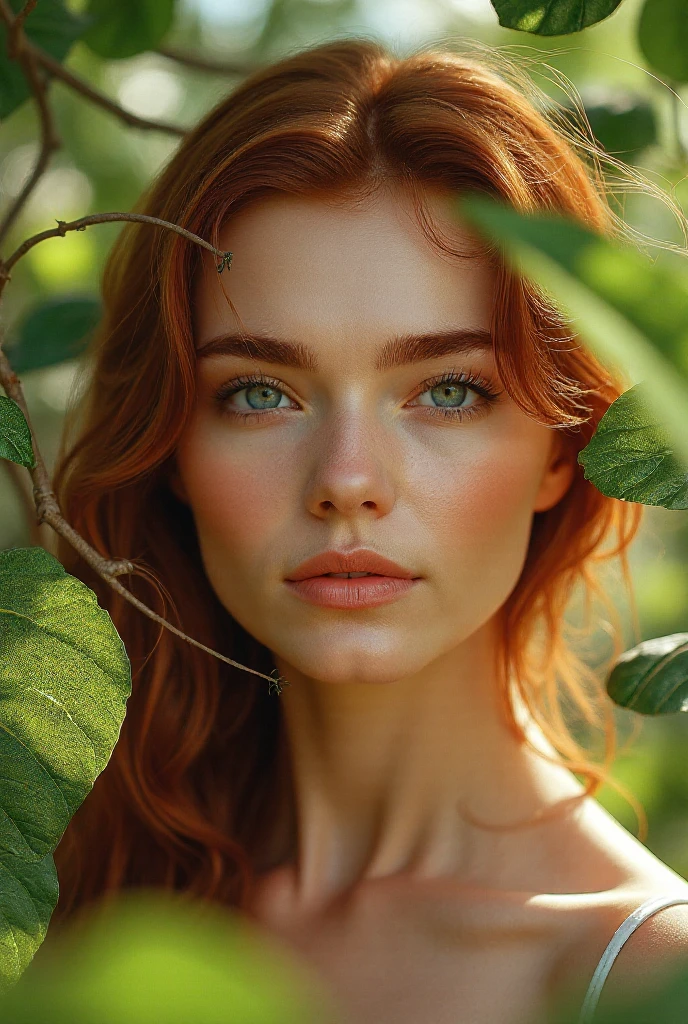 ((mejor calidad)), ((Obra maestra)), (detallado), close-arriba person, pelo largo de color rojo, pecas, labios llenos, ojos verdes, long eyelashes, (arte de fantasia:1.3), highly detallado face, Beautiful artwork illustration, (Portrait composition:1.3), Clave baja, poca profundidad de campo, centrarse en los ojos, (classification_explicit), (puntaje_9, puntaje_8_arriba, puntaje_7_arriba, puntaje_6_arriba, puntaje_5_arriba, puntaje_4_arriba) high resolution, Obra maestra, Piel lisa y brillante, close arriba, cara ligeramente redonda, Ligeramente gordita, muy sexy, lascivo, labios mojados, tentador, Seductor, in a garden, cubierto por hojas