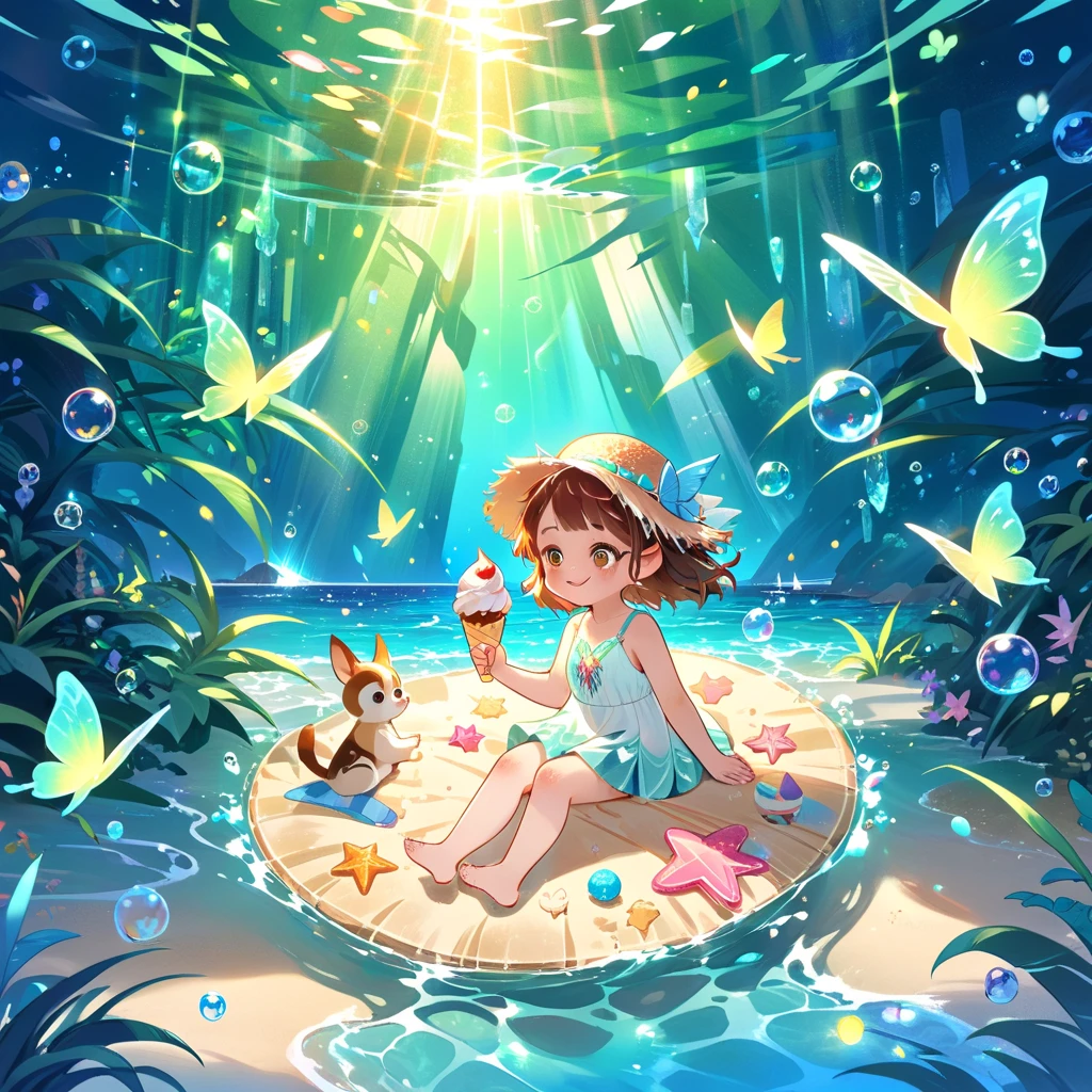 A charming girl with a backpack is enjoying a cute spring outing surrounded by beautiful yellow flowers and nature with her cute puppy. The illustration is a high-definition illustration in 4k resolution with highly detailed facial features and cartoon-style visuals, (Butterfly Dance)