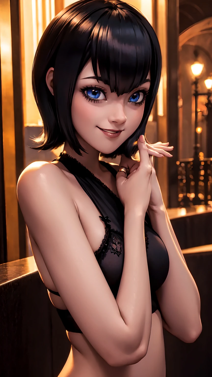 masterpiece, high quality, best quality, detailed face, detailed eyes, detailed body, detailed hands, detailed fingers, very clear, black lingerie, revealing lingerie, hotel background, seductive pose, hands behind head, smirk, tmavis,