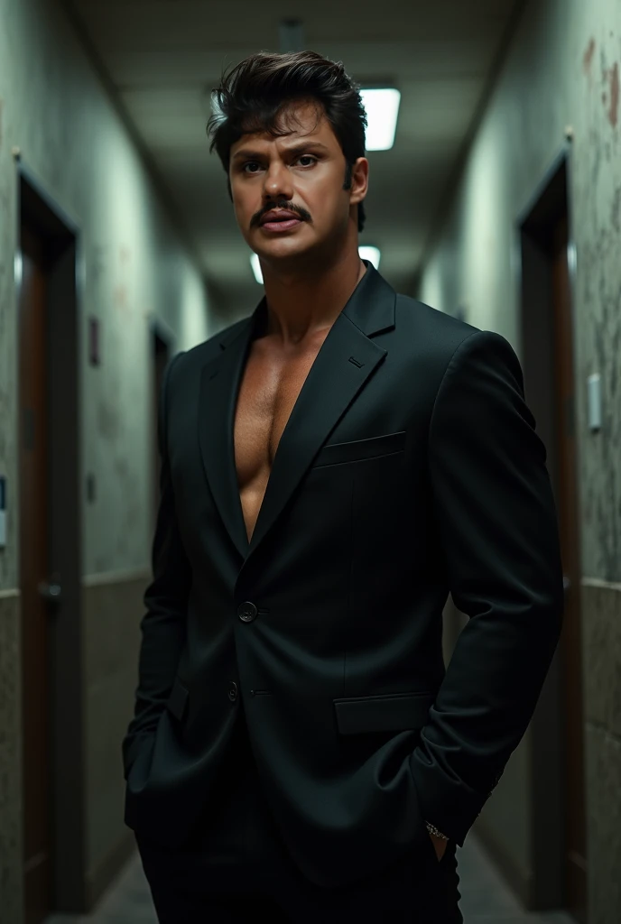 young Pakistani's man, with short black hair , red eyes , smirking, dressed in a unbuttoned shirt,  slowly undressing 