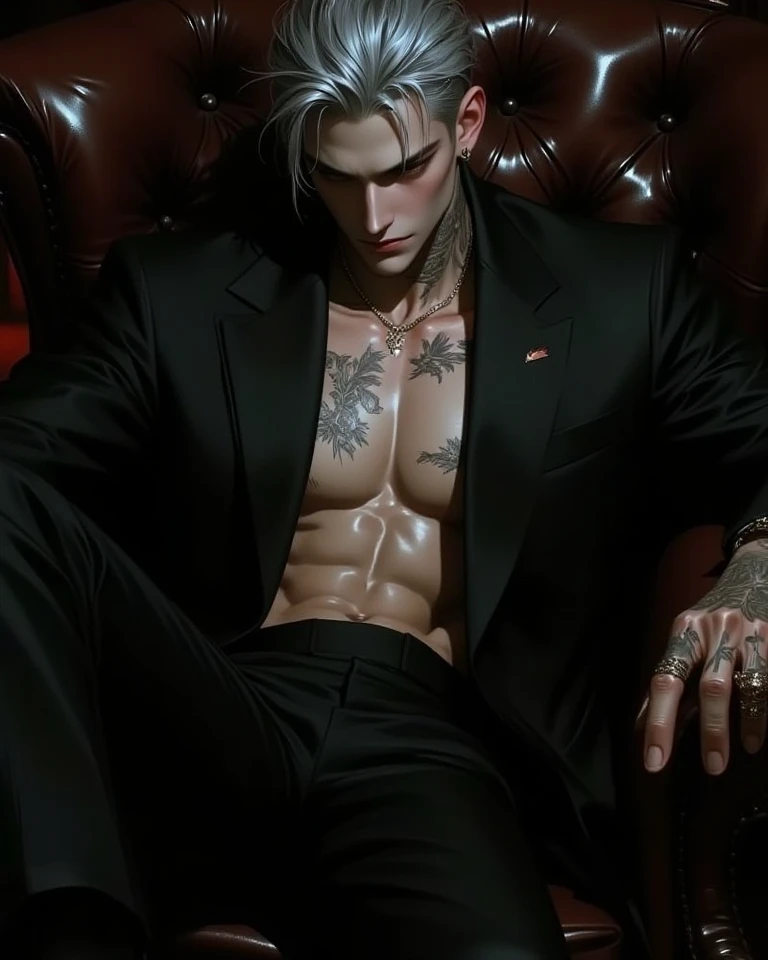 There was a male model,There are tattoos on the chest and on the chest, male art, sakimichan frank franzzeta, by Yang J, son of sparda, Handsome anime pose, Shirtless :: High detail, skinny male fantasy alchemist, thancred waters in style of wlop, Beef Cake Pose, Sexy masculine, author:Fan Qi, style of raymond swanland