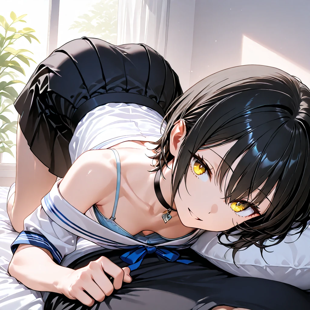 Hands behind back,Bind both hands,lick,open mouth,tongue out,cum on tongue,1girl,((((())))),(((((Short,))))),slender,small breasts ,front face,from front,front view,looking at viewer, looking ahead,from above,cowboy shot,Black Hair,Long Hair,two side up,Gray Eyes,Drooping eyes,slit pupils,narrow eyes.Desire expression,A see-through black and blue negligee,Sexy Lingerie,Garter on one leg,Kneeling,Straight Stand,Collar with leash,Dimly lit room,On the bed,Simple Background,Gray background,Dim lighting,Beautiful and detailed anime art