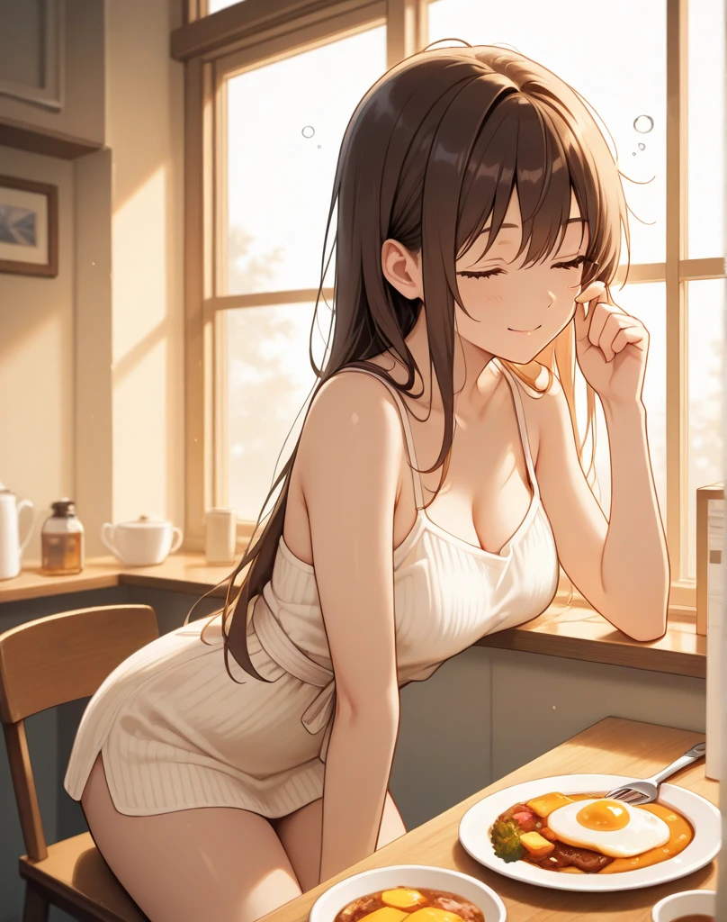 1 girl, ((naked)), (((visible pussy))), ((sitting having breakfast in the kitchen)), ((transparent seat))