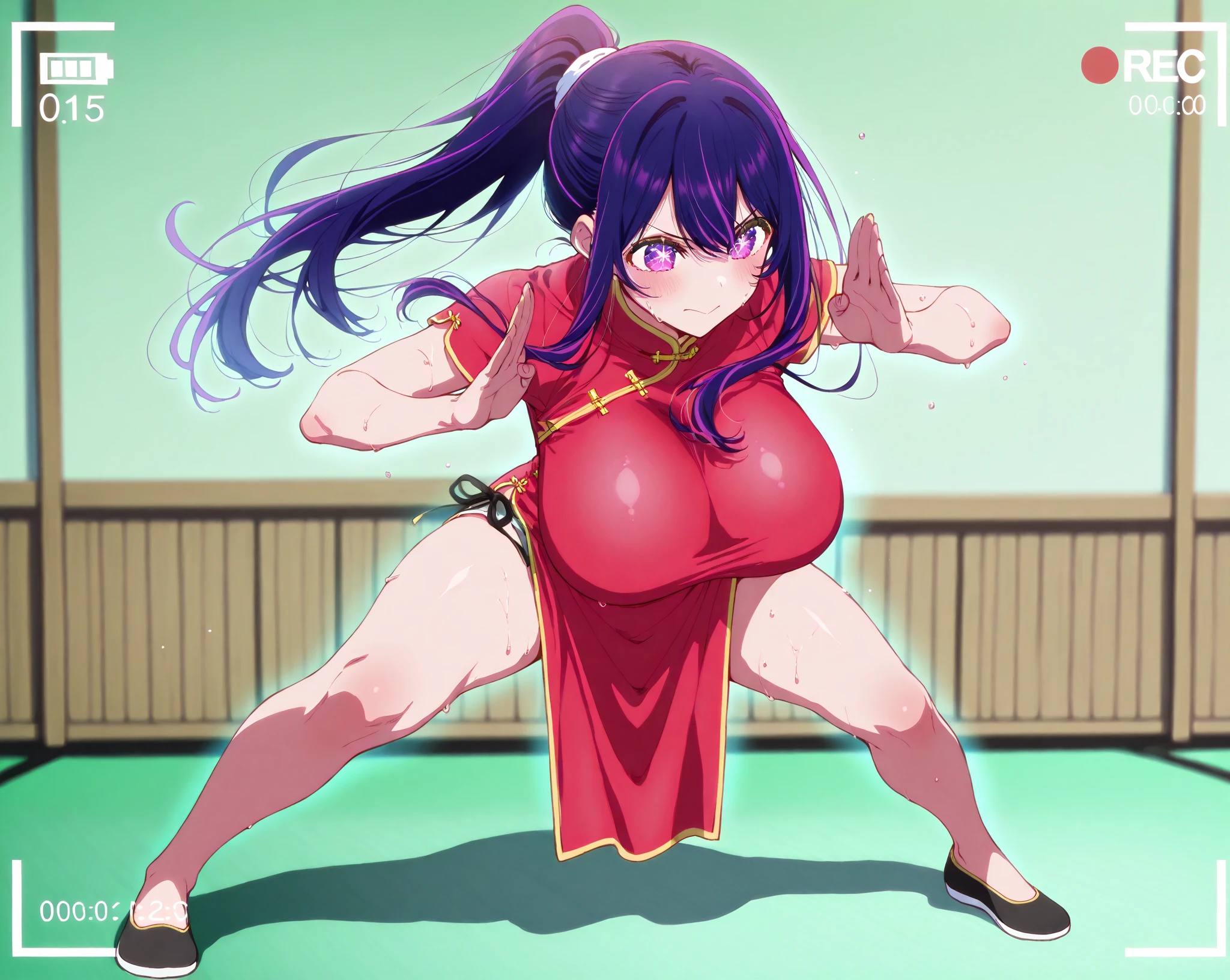 masterpiece, best quality, beautiful art, high resolution, well formed hands, body and fingers, 1 woman, solo, Ami Tsuruga, red makeup, red lipstick,adult, grown up, cosplaying as Mai Shiranui , mai_shiranui_cosplay, adult, large and round breasted, cleavage, full body , hair ribbon, gorgeous legs and, thighs, sexy Japanese clothes, hair ornament , sexy legs , hips and thighs, fighting in a combat match, showing her fighting skills, making her guard, about to hit the viewer, looking at the viewer, sweating, bouncing breasts, smiling joyfully and brightly, being confident and proud, action and fighting scene, fighting cage on beach environment.