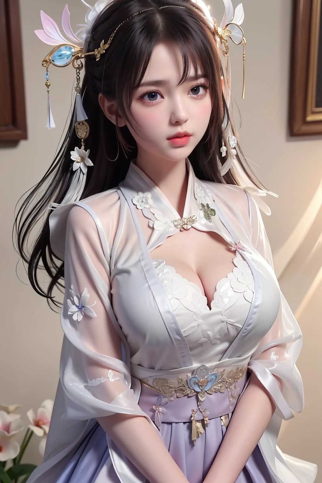 a princess 8 yeald old cute Hanfu dynasty open V-chested clothes royal, All pictures, Wet body of thin silk fabric, Thin silk lace petticoat,princess 8 yeald old cute, (huge ,cleavage),petticoat, white pink, blue ,best qualtiy,tmasterpiece,Ultra-high resolution,(Reality:1.4),RAW photogr,(True skin texture:1.3),(filmgrain:1.3),(Selfie angle),1个Giant Breast Girl,Beautiful eye and face details,tmasterpiece,Best quality at best,exposing thighs,Bigchest,The chest is more exposed, detailed hair,above looking down facing at camera,short dressPrincess Eyes,Super big eyes,Detailed face,shiny pupils, dress pink (a garden,moon palace,Chang'e,mooncakes)