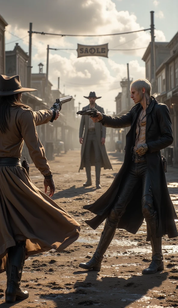 there are three people dressed up in costumes sitting at a bar, cinematic still of westworld, monochrome 3 d model, female sheriff, robot stand - off, rebecca romijn as dorothy, by Antoni Pitxot, bender, sepia toned, from witcher (2021), megadeth, 9 0 s cgi, black and white television still
