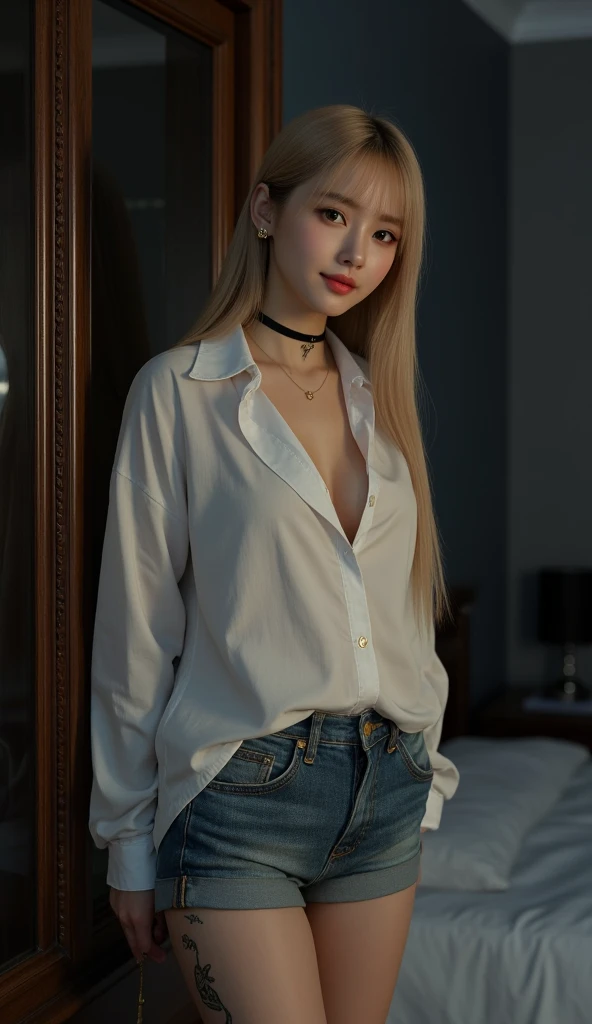 One girl, seen from the thighs up、Real17歳女性、cute、from side,((Small breasts))、(((Long white hair)))、((Completely naked))、((T-Shirts、Shorts、Jacket)） And a very slim figure,,,,,、Very thin leganicules、Earrings、Pink Lip、choker、Real、Sexual、Highest quality、Detailed face、Detailed Background、Depth of written boundary、whole body viewing angle、Sexual、alone、night,Highest quality、High resolution、超High resolution（Real：1.4）Detailed eyes、Gradation、Perfect anatomical figure、Woman with perfect body、Highly detailed skin、非常にDetailed face、Beautiful eyes in every detail、Background Blur