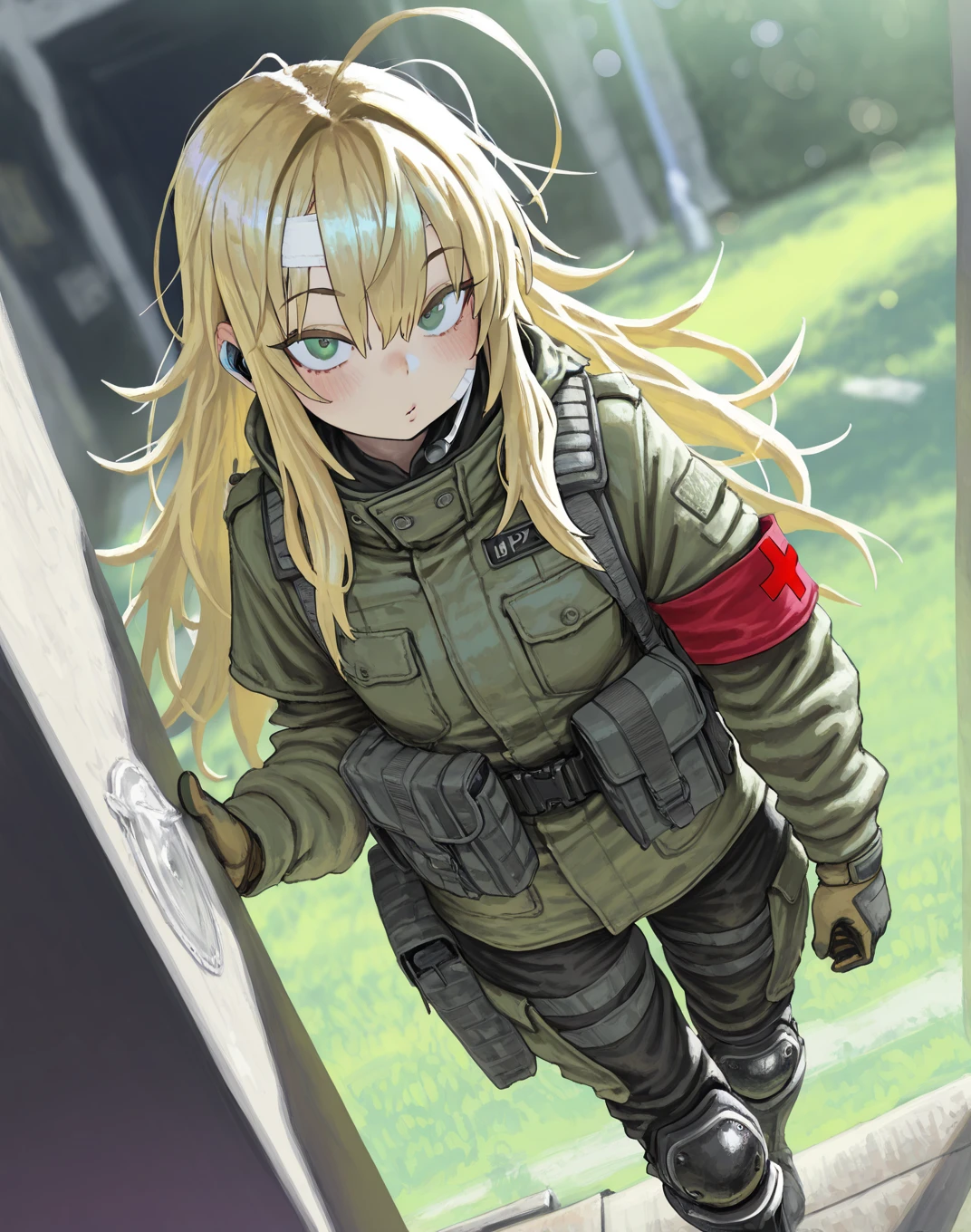 (anime artwork, anime style, studio anime, very detailed, up to date, vibrant, Anime Coloring, high contrast, masterpiece:1.2, best quality, best aesthetics),camouflage clothing,camouflage helmet, pleated skirt, Medium chest, A glimpse of thighs,random hair, One eye is hidden by the bangs, perfect proportions, high detail skin, Cute, detailed faces, random sexy pose, precise fingers,panty shot Girl shooting automatic rifle, (muzzle explodes:1.2), (looks into sight), finely drawn automatic rifle, bulletproof suit, (turn towards the viewer), syncs body orientation and gaze, battle, war,back angle,