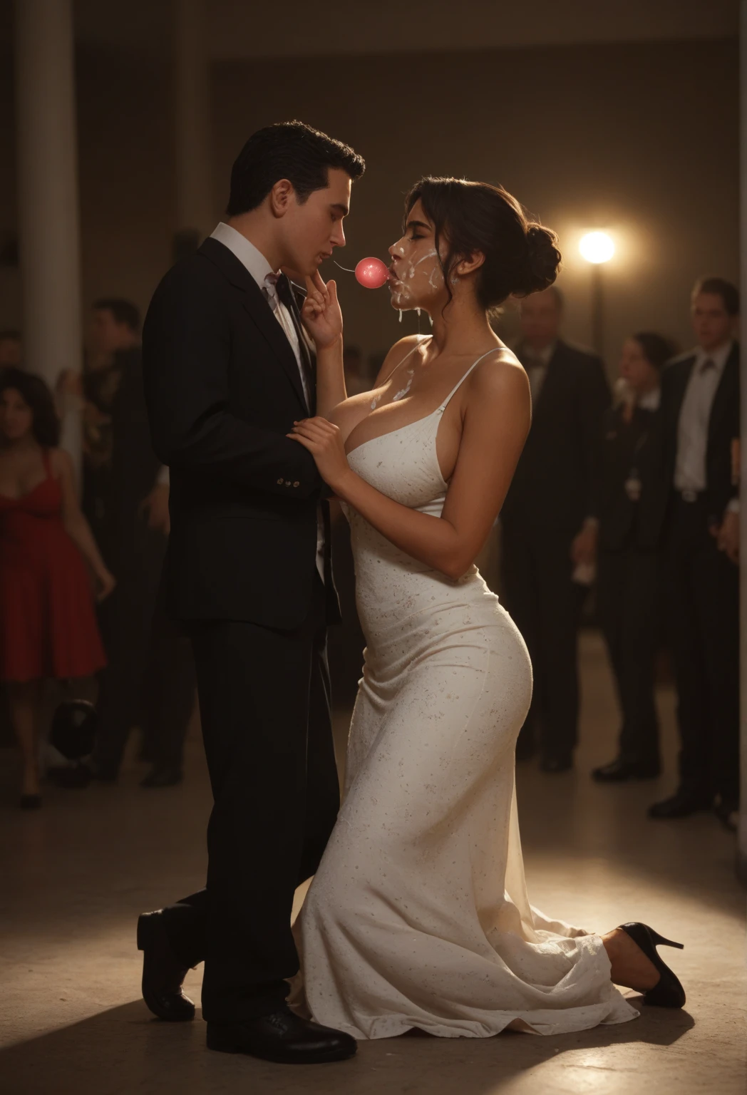 "Create a realistic illustration of a 25-year-old couple running quickly out of a nightclub, holding hands, looking like they are fleeing or hiding from someone. The man has short hair and is wearing a dress shirt and jeans. The woman has dark hair, an indigenous skin tone, a fuller body, is approximately 160 cm tall, and weighs 85 kg, wearing an elegant dress. The nightclub is filled with colorful lights and people dancing in the background. The lighting should reflect the lively atmosphere of the club, with flashing lights and a vibrant ambiance, emphasizing the urgency and tension of the couple running quickly."