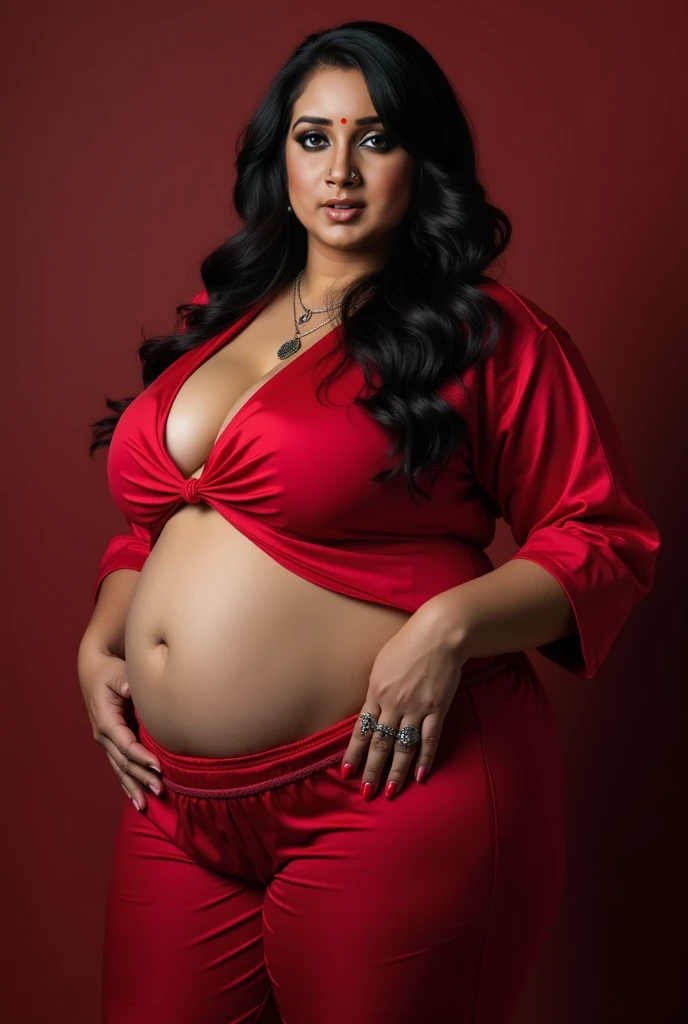 She is a south asian stocky curvy thick butter body PAWG in the age of 25. She has side-swept super long frizzy curly hair. wearing a tight long-sleeved red square neck scantier saree with deep cleavage. She has protruding belly curves. She has super wide childbearing hips. She has juicy large spicy booty. Her short legs are Bulging.