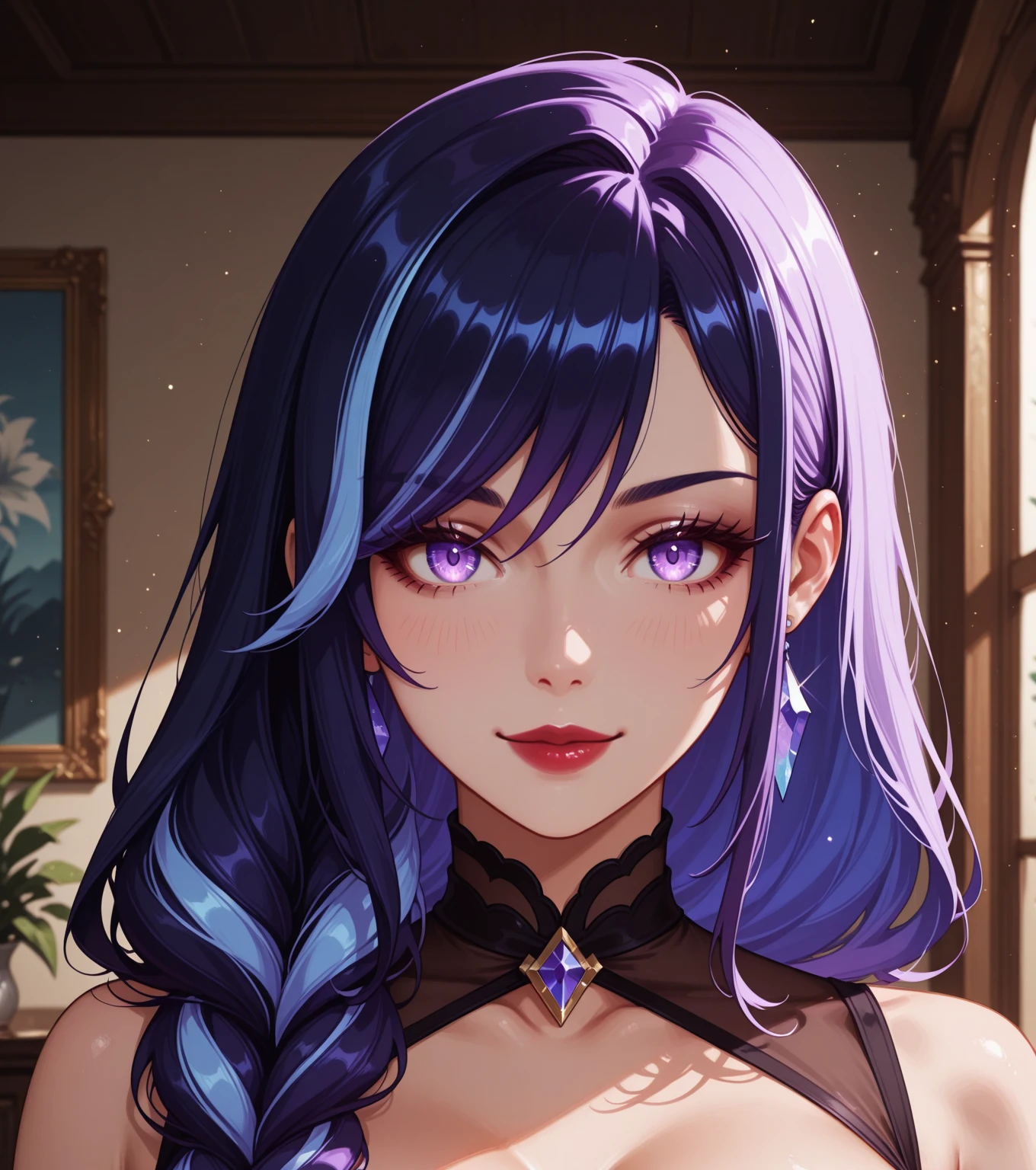 ((Masterpiece, Best Quality)), St. Louis \(Luxury Wheels) \(Azure Lane), High resolution, highest quality, illustration, cinematic light, super detailed, detailed face, (detailed eyes), best quality, ultra detailed, masterpiece, (detailed face), room, hair accessory, earrings, necklace, portrait, silver dress, revealing clothes, highest detail, glowing eyes, (hotel:1.2), sitting on bed, sitting, bed, window, night sky, backlight, light, (high contrast), (color), bare