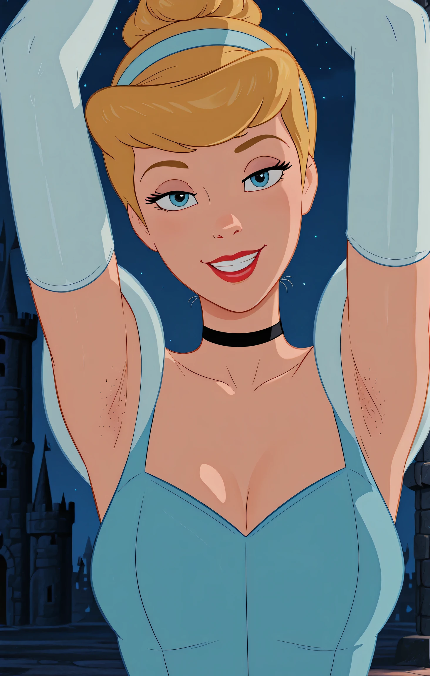 masterpiece, best quality, amazing quality, official style, screencap, 1girl, solo, CinderellaXL, blonde hair, hair bun, hairband, choker, elbow gloves, blue dress, blue eyes, makeup, red lips, arms up, raised arms, head towards viewer, looking at viewer, armpit stubble, smile, teeth, (light source in front:1.1), night, castle