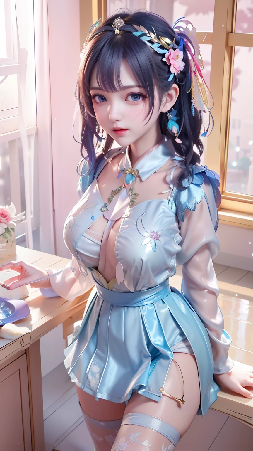 (nsfw),((see-through breasts curtain)),((see-through)),((cleavage)), (gigantic breasts),(denim shorts),(floral print), 1girl, upper body,(cowboy shot),(masterpiece, best quality, high quality), bare shoulders, bare arms, (colorful),(delicate eyes and face), volumatic light, ray tracing, bust shot ,extremely detailed CG unity 8k wallpaper,solo((flying petal)),(Flowery meadow) sky, blue sky, sunny, light, fantasy, windy, magic sparks, white hair, outdoors, cityscape