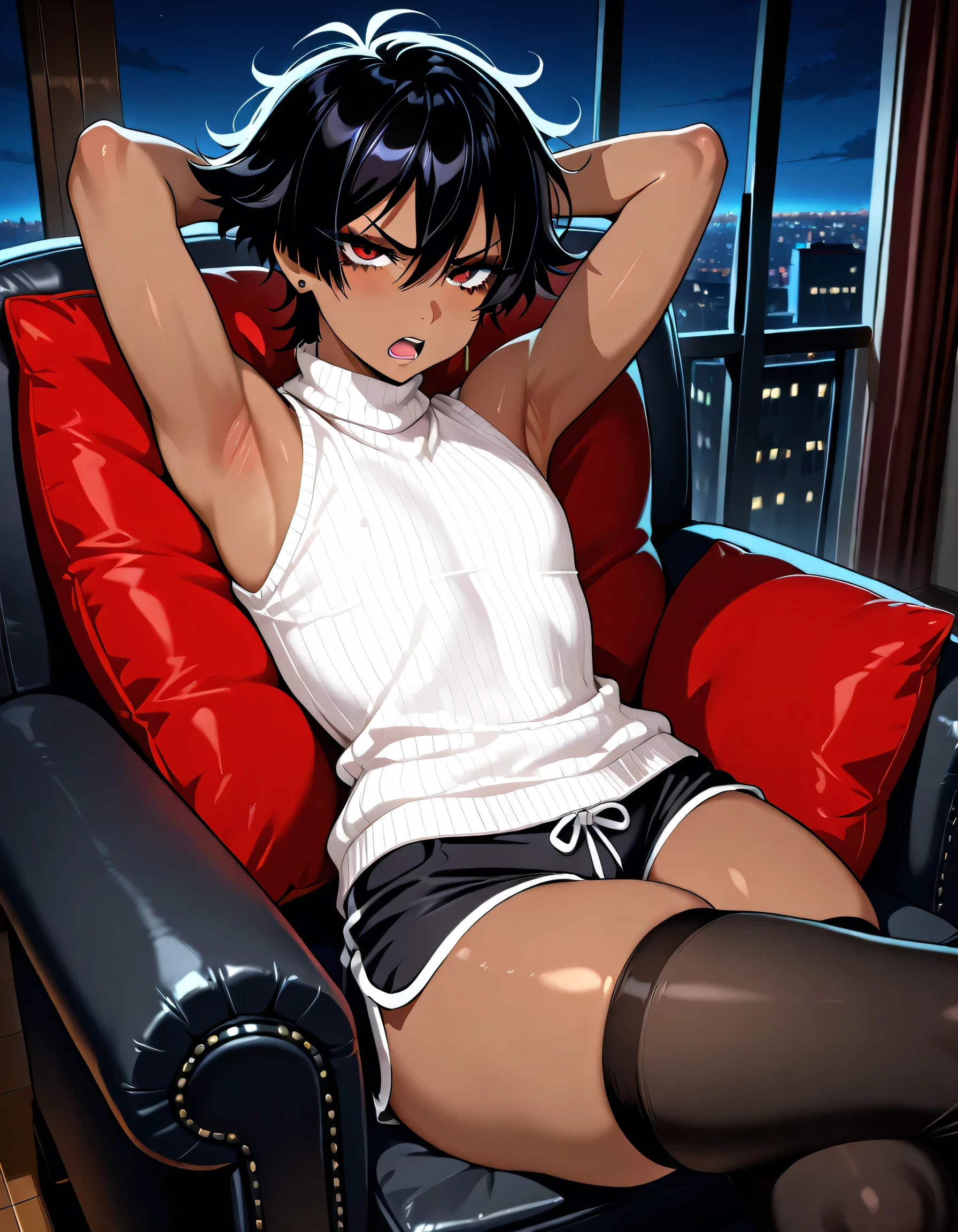 Guy is dark skinned, adult, bratty, bully, short hair, messy hair, black hair, hair between eyes, crimson eyes, curvy hips, curvy thighs, narrow waists, fit ass, flat chest, toned, tall, detailed image, detailed body, detailed living room, clothes: white sleeveless long neck sweatshirt, black shorts, black thighhighs, mascara, evening, pose: looking at viewer, solo, hands behind head, front view, side angle, open mouth slightly, annoyed, high angle, sitting on armchair, legs crossed, night, resting back on the back of armchair