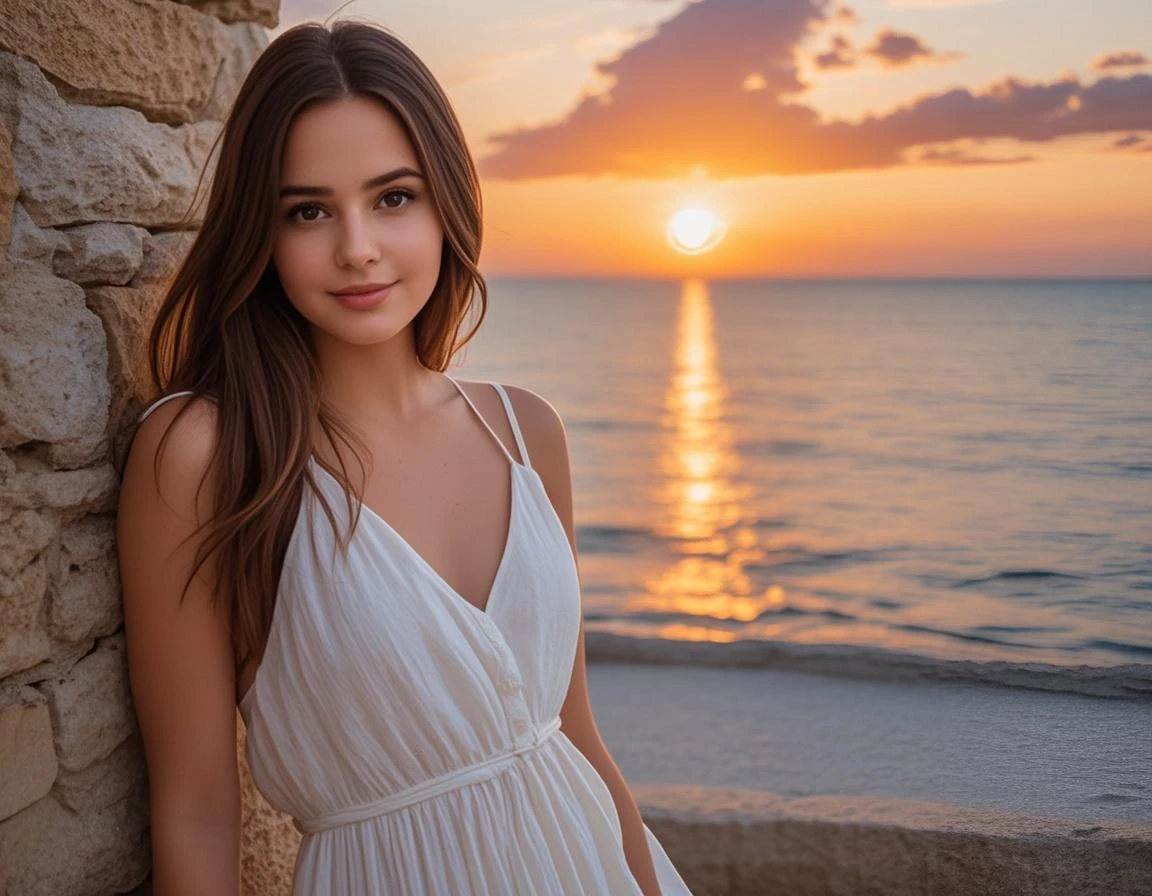 Une très belle fille aux cheveux noirs, a slight smile in high school, beautiful big eyes in a long white silk dress stand by the ocean. fin de soirée, le soleil couchant joue avec les rayons dans les cheveux de la jeune fille. natural and cinematic setting, HasselbladX2D, Ultra detailed, photorealistic