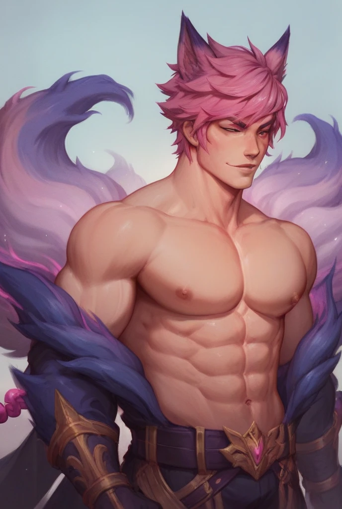 1boy, 20 year old, Natsu Dragneel ((naked flaccid and scrotum)) smiling widely wearing a black sleeveless jacket bare chested wearing white scarf. Naked legs with Flaccid and scrotum, reclining down looking at the viewer. Big muscular proportionate arms and strong chest and abs. Pink hair and detailed eyes. front view, wearing ((white scarf)). big pecs and strong washboard abs. flushed face
