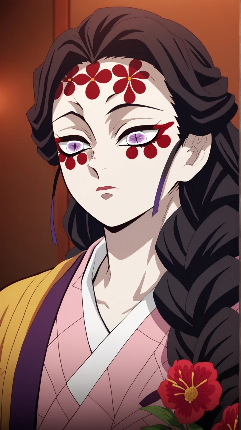Character with kimetsu no yaiba traits, medium black hair with purple ends, haori with wisteria designs, a black and lilac katana. His face is angelic, crystal blue eyes, a scar on the left corner of your mouth. She is standing fighting with all her strength against an omni. extremely detailed painting 