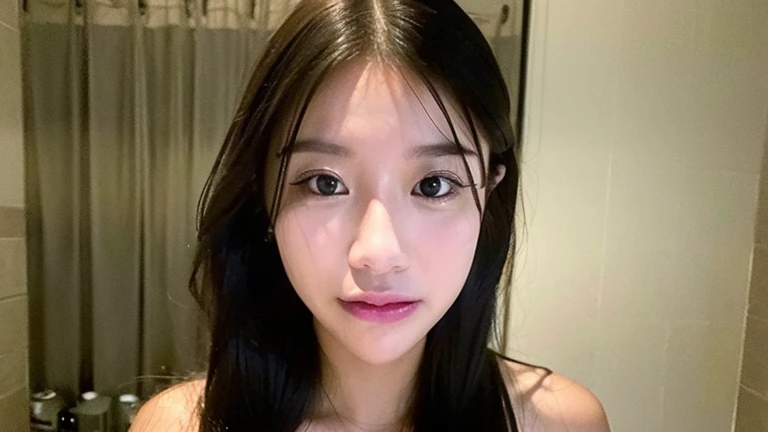 Solo girl, undressed, wearing a black bra, bikini, black bra color, big breasts (obvious, good skin, perfect breast shape, no clothes, upper body, nosebleed, naughty, upper teeth, modern, Realism, image fill, Fujicolor, dithering, high details, textured skin, super detail, high quality, 8k, 16k