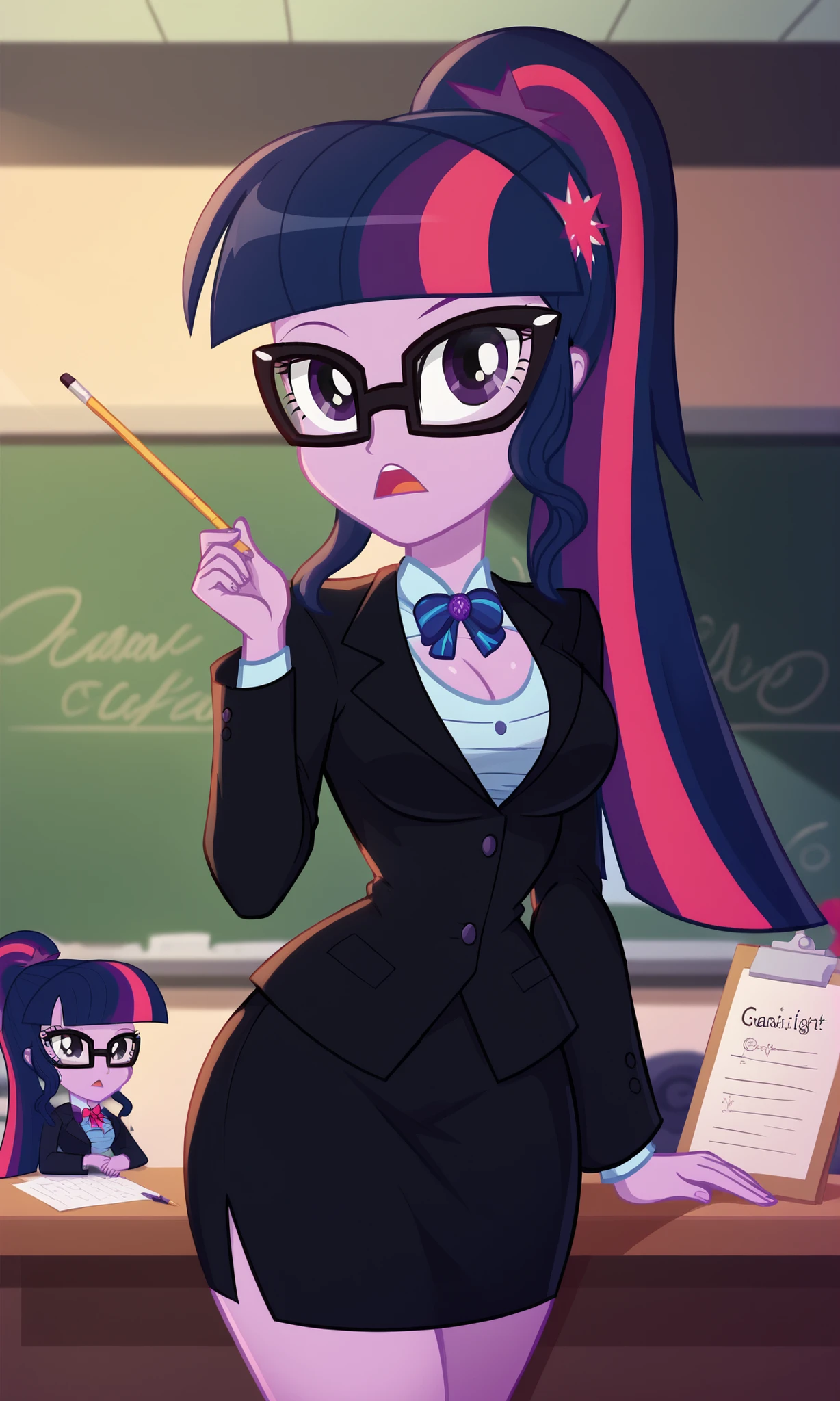 masterpiece, detailed image, soft skin, style_2d_chibi, (Twilight Sparkle), open mouth, 1 girl, breasts, ,alone, pointer, big breasts, cleavage, skirt, teacher, earrings, glasses, jewelry, looking_at_viewer, holding, jacket, black jacket, wide hips, thick thighs, black suit, clipboard, pencil skirt, formal, black skirt, shirt, blackboard, table
SciTwi EQG, blue hair, purple skin and eyes, glasses, ponytail, ((ransu33 art style)),