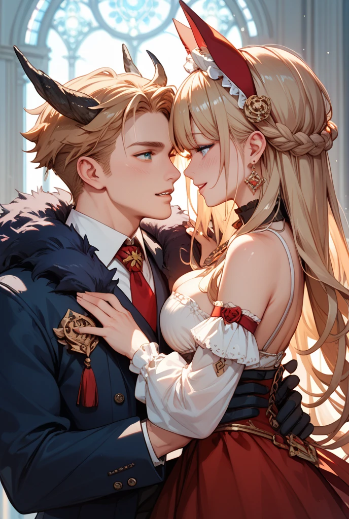 anime couple in uniform posing for picture in front of red curtain, from girls frontline, zerochan art, fine details. girls frontline, detailed key anime art, wlop and sakimichan, girls frontline style, delicate androgynous prince, zerochan, beautiful androgynous prince, kawacy, genshin, girls frontline cg, royal portrait, ultra detailed