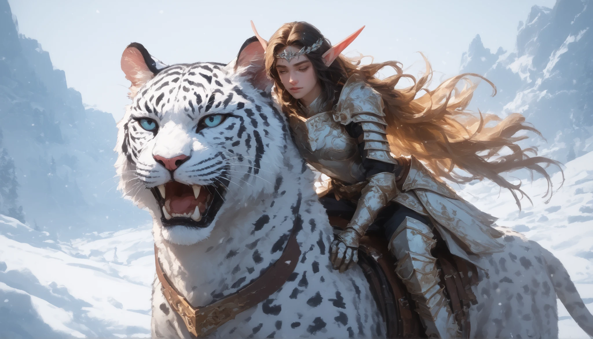 close up of An elven warrior princess with ebony hair, pointed, long ears akin to elves, clad in lightweight red-and-white armor, , riding a white panther with black spots, realistic conceptual graphic in a fantasy world, Illustration, digital art, snow landscape background