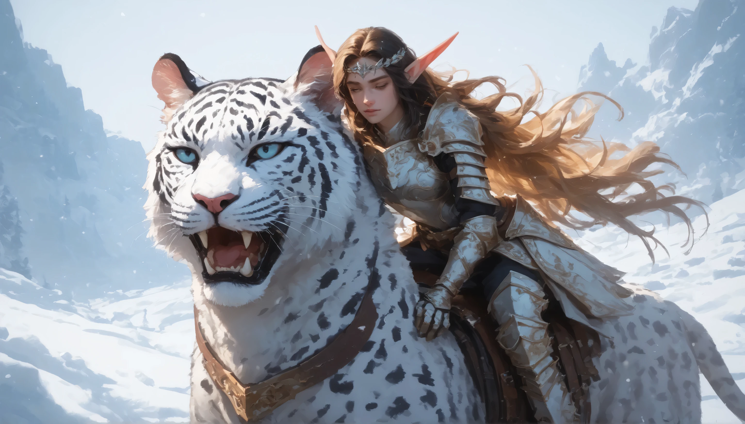 close up of An elven warrior princess with ebony hair, pointed, long ears akin to elves, clad in lightweight red-and-white armor, , riding a white panther with black spots, realistic conceptual graphic in a fantasy world, Illustration, digital art, snow landscape background