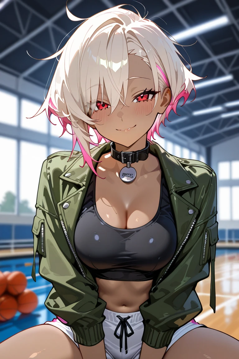 neferpitou, 1 girl, she is wet, A shocked expression, short white hair, short messy hair, cat ears, wet hair, standing, , wet clothes, from the front,((masterpiece),(Wallpaper CG Unit 8K very detailed)),colorful,more detailed, beautiful red eyes, perfect eyes, perfect face, (red eyes:1), muscular, yellow buttons, red shorts, red socks, ((nurse cap, revealing clothes, shrug (clothing), short sleeves, (layered bikini:1.3), purple bikini, green bikini, green gloves, elbow gloves, pink belt, black skirt, microskirt, green thighhighs, garter straps, (convention:1.5 ), (inside, auditorium, convention background), high ceiling, crowded))