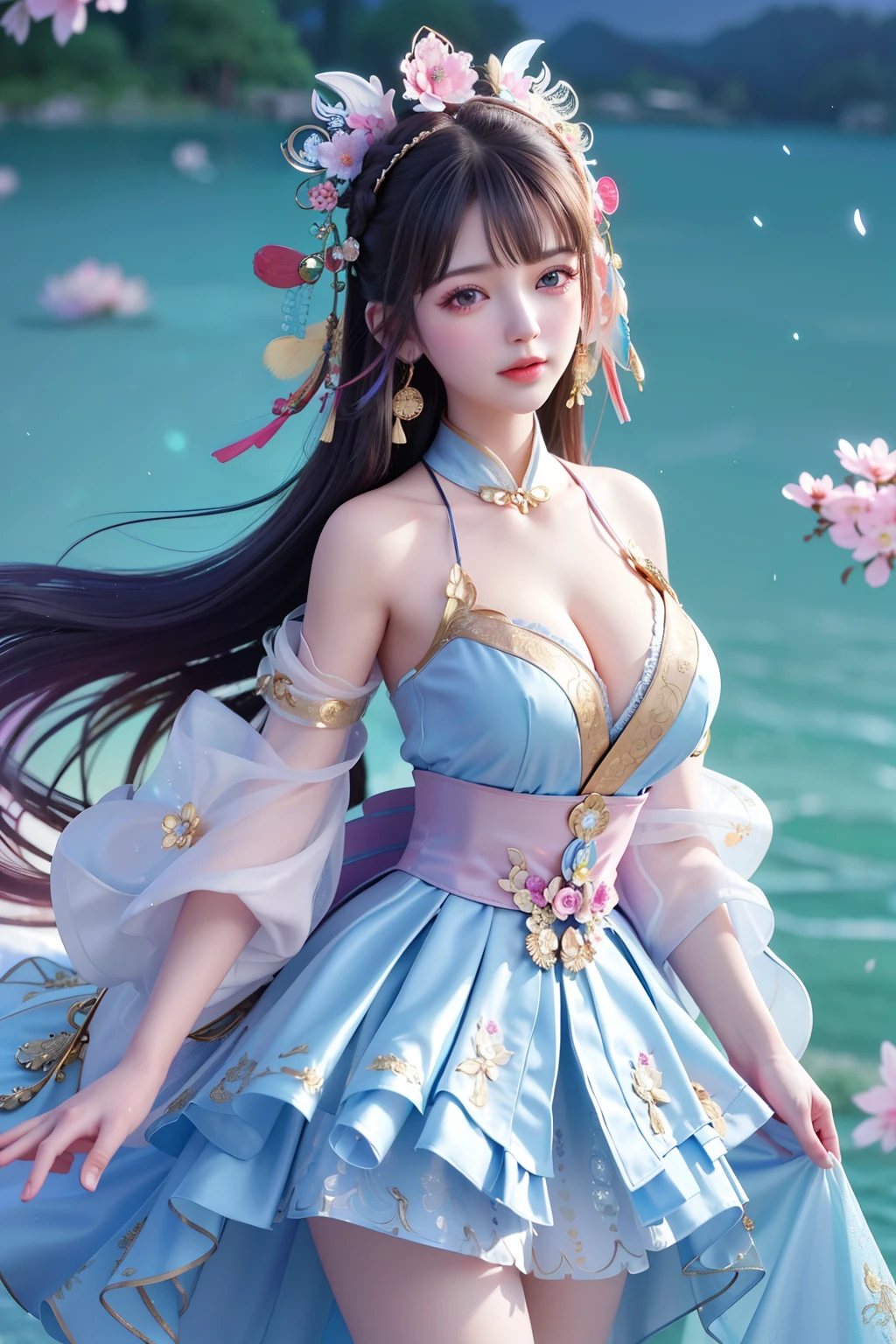 (8k, RAW photo:1.2), best quality, ultra high res,dramatic angle,(fluttered detailed color splashs), (illustration),(((1 girl))),(long hair),(rain:0.9), (Headdress:1.4),There is an ancient palace beside the girl,Hanfu,(Key Points),Color ink painting,(Splash of Color),Splash of Color,(((colorful))),(sketch:0.8) , Masterpiece, best quality, beautiful painted, highly detailed,(denoising:0.6),[splash ink],((ink refraction)), (beautiful detailed sky),moon,highly,detaild,(masterpiece, best quality, extremely detailed） CG Unity 8k Wallpaper，masterpiece，best quality，Ultra Detailed），（Lycoris）.shoulder ballet dress open V-chested clothes Thin silk lace dress short skirt , (huge ，cleavage),, white pink, blue ，best qualtiy，tmasterpiece，Ultra-high resolution，（Reality：1.4），RAW photogr，（True skin texture：1.3），（filmgrain：1.3），（Selfie angle），1个Giant Breast Girl，Beautiful eye and face details，tmasterpiece，Best quality at best，，The chest more exposed， detailed hair, bra pink , detail 8k, full body, lace petticoat. lying on bed