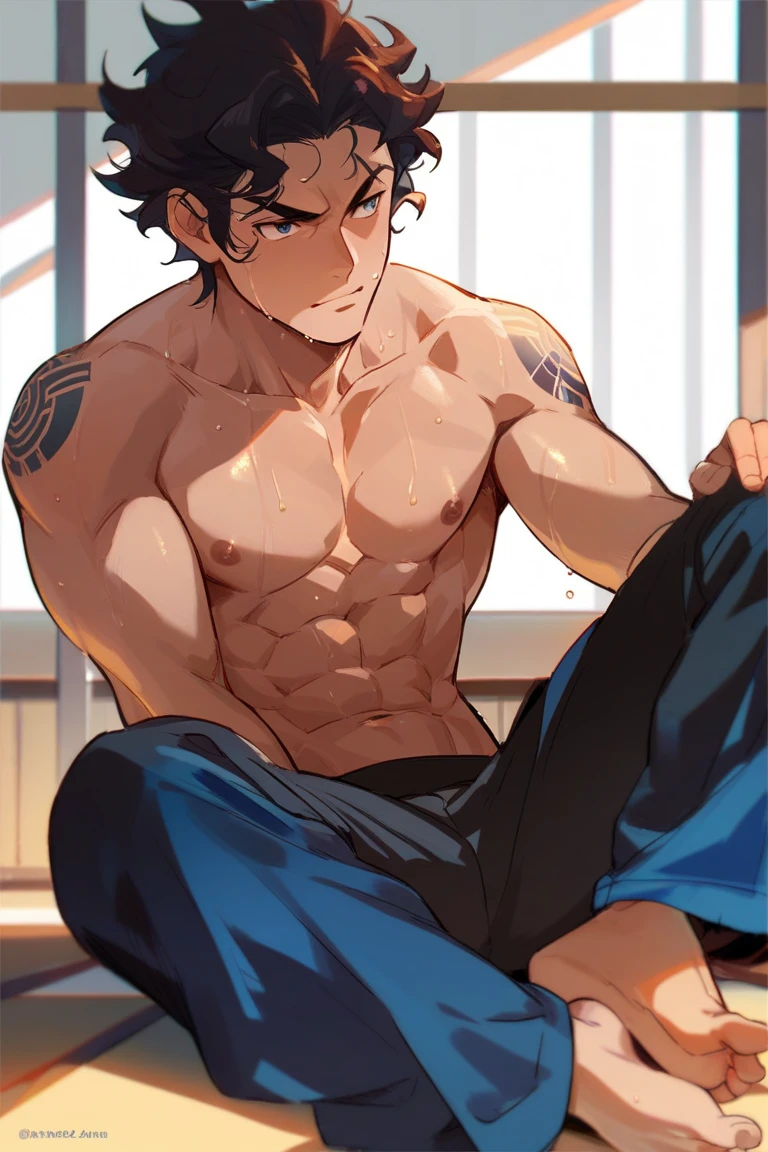 a shirtless tired smile 19-year old handsome caucasian male in faded haircut, mma gloves, white fighting shorts, cute, handsome face, six-pack abs, beautiful body, well-defined body, sweating profusely, dripping sweat, drenched with sweat, panting, exhausted, hands behind head, on the wall