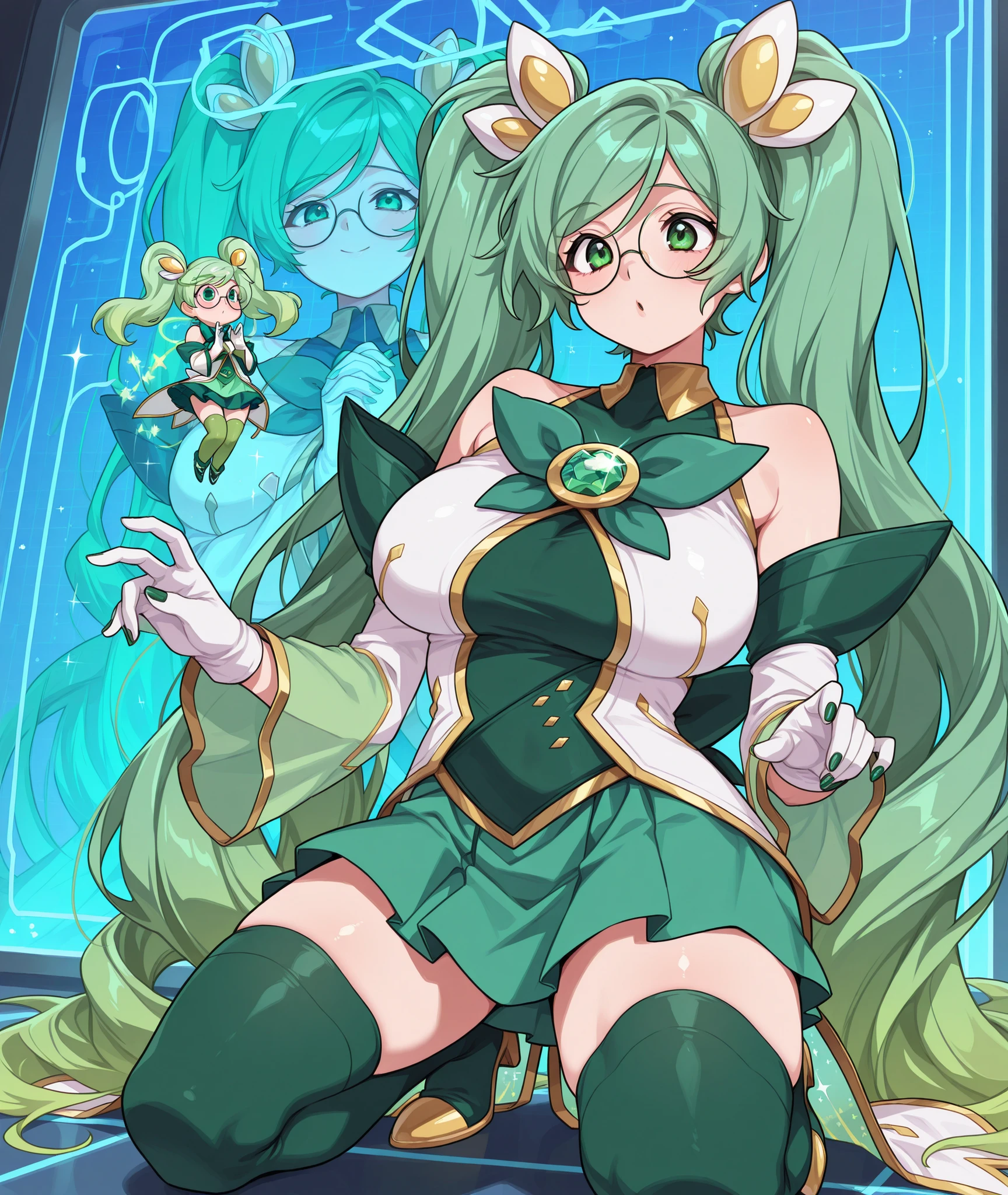 score_9, score_8_up, score_7_up, score_6_up, BREAK, 1girl,green hair,long hair,glasses,green eyes,twintails,bare shoulders,breasts,large breasts,round eyewear,sona_star,bangs,gloves,hair ornament,detached sleeves,skirt,very long hair,white gloves,green skirt,official alternate costume,green thighhighs,magical girl,gem,bowtie,green bow,green nails, kneeling, peace pose