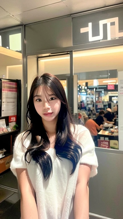 ((Realistic lighting, highest quality, 8k, masterpiece: 1.3)), concentrated: 1.2, One girl, Perfect body beauty: 1.4, Slim Abs: 1.1, ((Dark brown hair)), (Neat spring clothes: 1.4), (Inside the cafe, congestion: 1.1), Inside the cafeで撮影, Very beautiful face, Beautiful Eyes, double eyelid,Inside the cafeでファション雑誌の撮影,Beauty salon model's day off at cafe,casual outfit