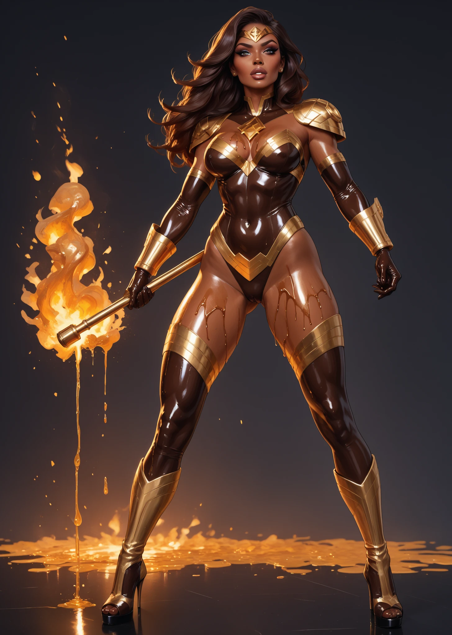 A muscle black skined girl with a yellow tight superhero suit. The suit covers her full body and it has a lightning silhouette in red color in her chest. Her face is uncovered. Her hair is black. Her eyes are green. She is flying. 