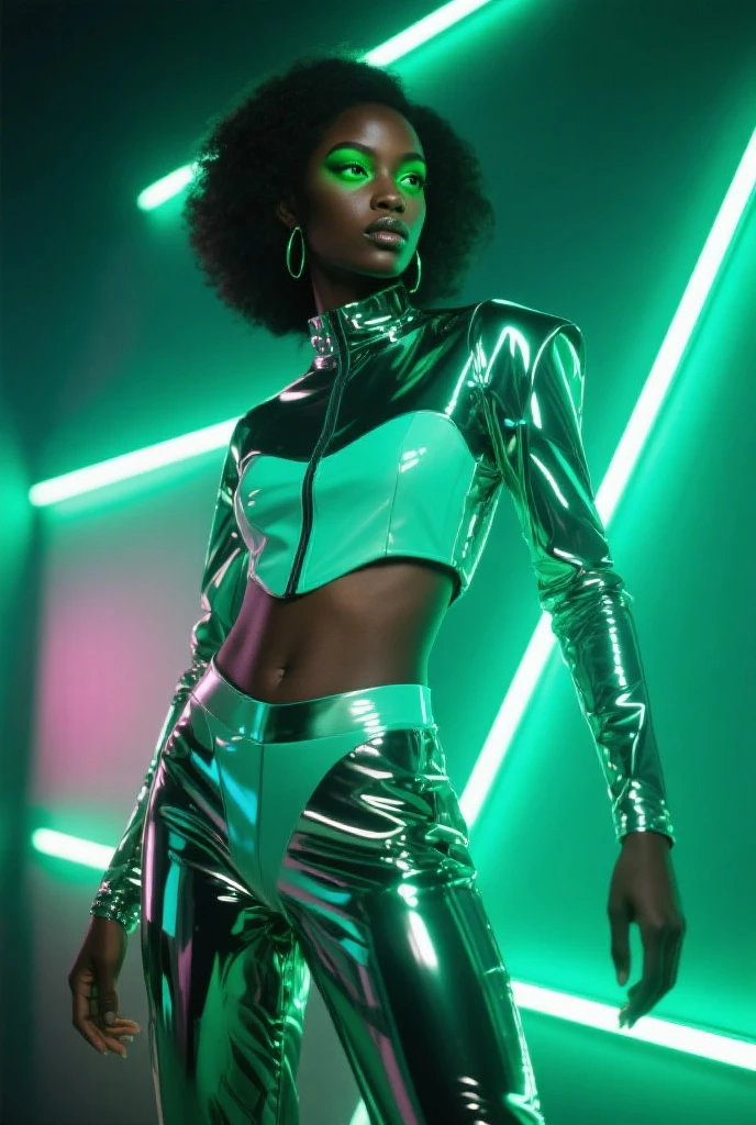 A DJ with loose hair in shades of mint green and neon pink, wearing a silver holographic jacket and black leather pants. She&#39;s at an electronic music festival with green and pink neon lights pulsing around her, holding neon green headphones as he pumps up the crowd with his music. His fixed and determined gaze transmits pure energy.
