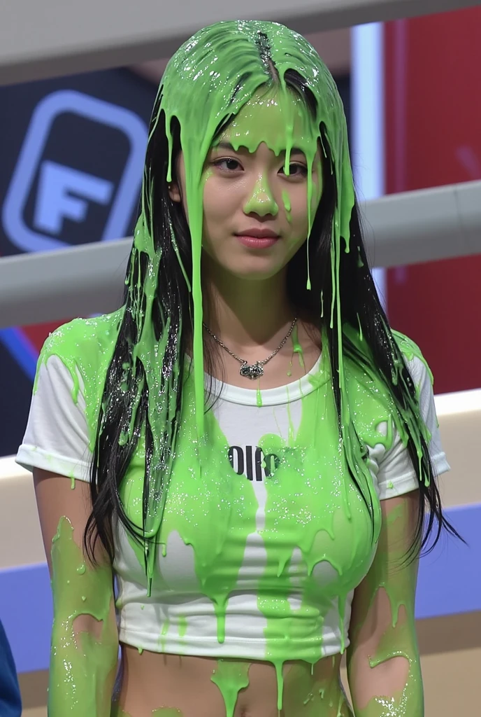 (2 South Korean reaching for buzzer: 1.6), 2 women, 8k, hd, masterpiece, hyper realistic, super detailed, extreme realism, photo realistic, (2 South Korean Models: 1.9), sports bra and panties, (inside game show set: 1.9), game show studio, trivia game, cleavage, (wet slime dripping down both women: 1.2), beautiful face, delicate eyes, double eyelids