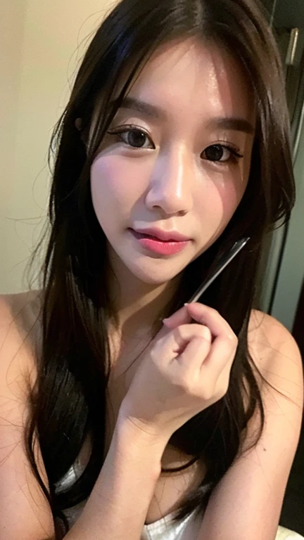 arafed asian woman with long brown hair and a white top, young adorable korean face, wan adorable korean face, popular south korean makeup, popular korean makeup, 8k selfie photograph, lovely delicate face, young cute wan asian face, with cute - fine - face, ulzzang, with round face, beautiful aesthetic face, pale round face, soft round face