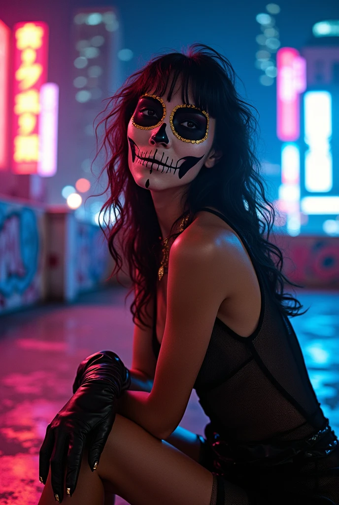 a surreal beautiful woman with a detailed skull face, long black hair, piercing eyes, delicate facial features, elegant neck, wearing a black sheer lace dress, Sexy curvy voluptuous hourglass body. Her large breasts protrude from her cleavage. standing in a vibrant colors party at night with glowing fireflies, cinematic lighting, dark moody colors, highly detailed, digital painting, concept art, photorealistic.