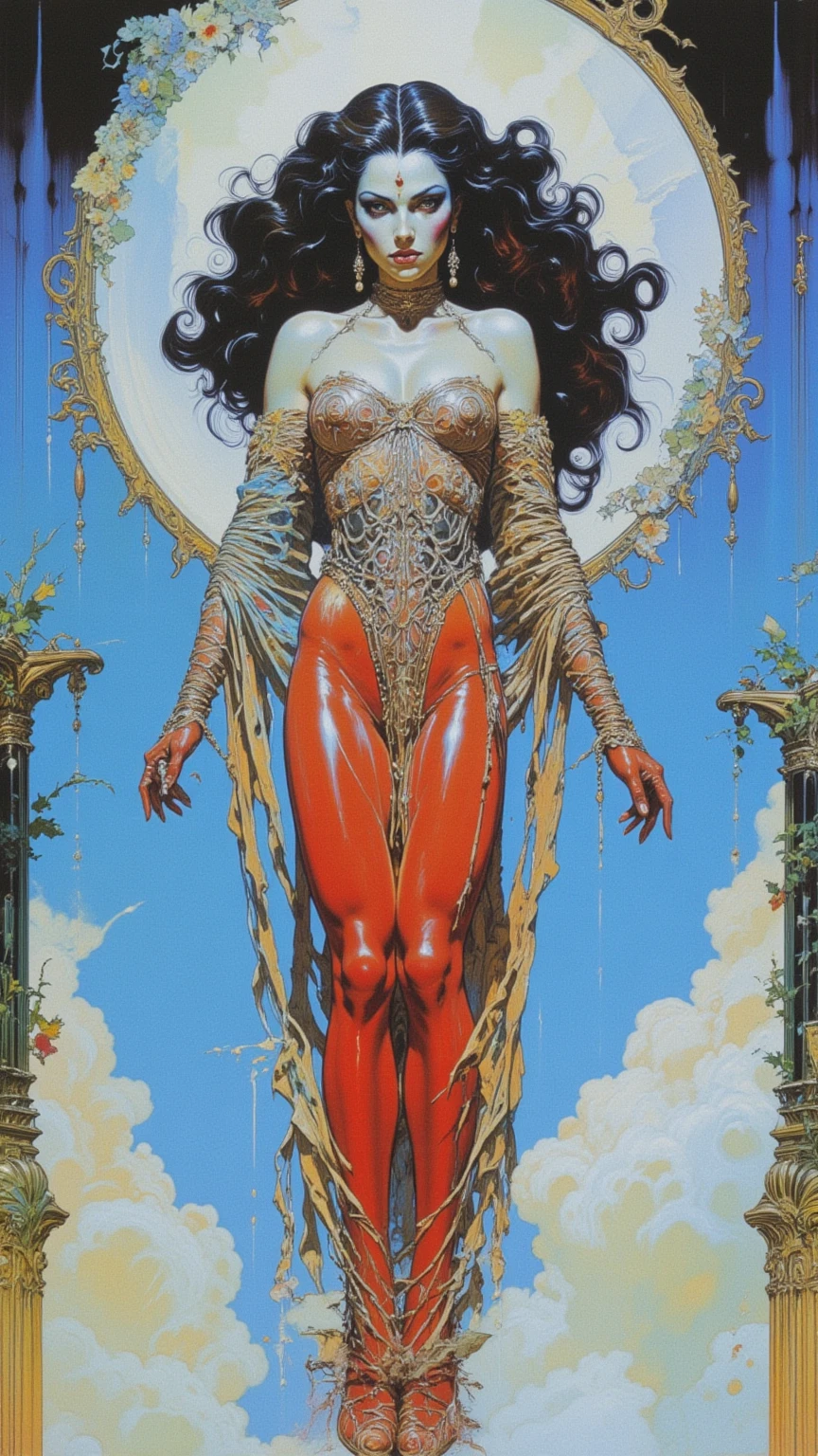 a beautiful illustration of a very muscular vampire girl in an abstract marble texture with a tarot style frame, with colors of obsidian black, shiny gold, and ruby red, highly detailed, intricate design, BY Anne Bachelier,