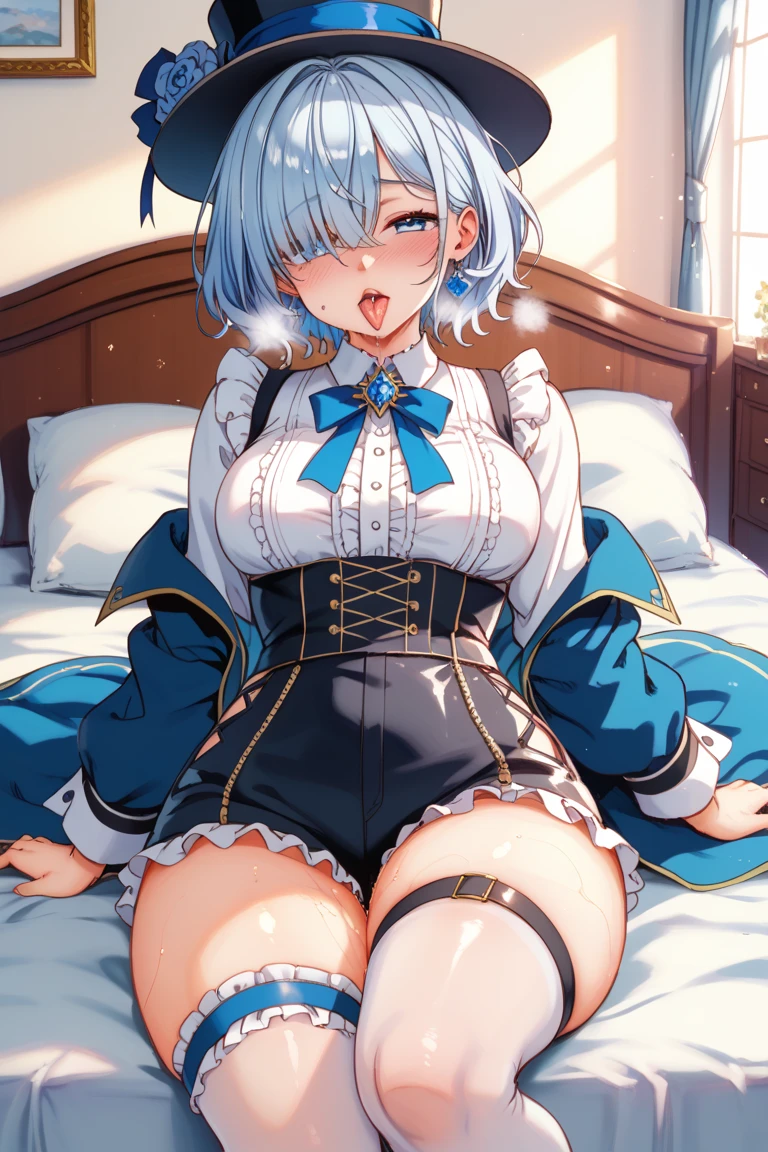 ((an anime girl with light blue hair and red eyes)) ((Breasts 200 cm)) ((Waist 40 cm)) ((Hips 200)) ((Dressed in a without any clothes )) ((back)) ((blushes)) ((NFSW)) ((exposed part)) ((Lying on a bed with legs open))