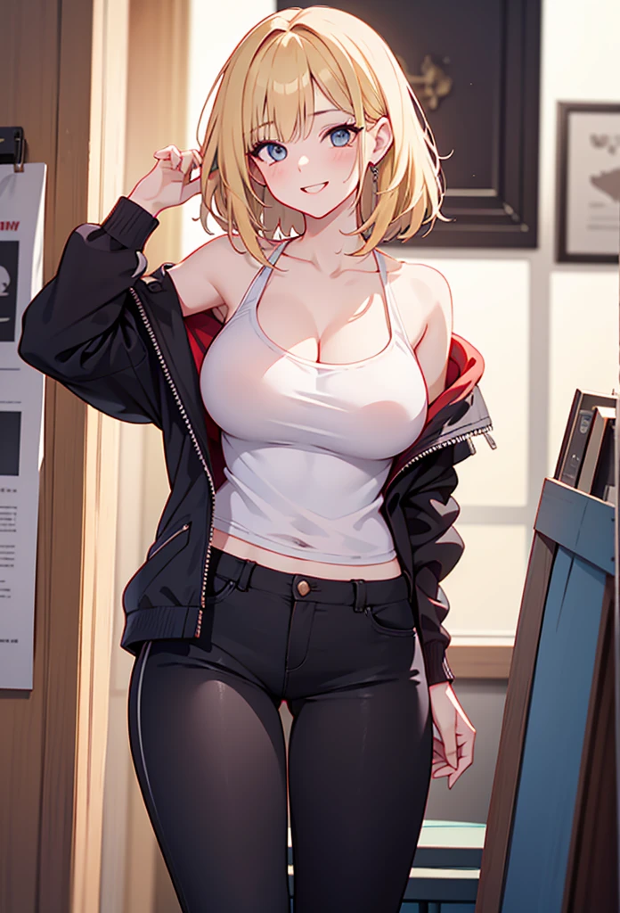 man, sex, 6girls, group of girls, multiple girls, {best quality}, {very aesthetic}, {ultra-detailed}, {best illustration}, nsfw, , classroom、(masterpiece:1.4)、(highest quality:1.4)、ultra high resolution、beautiful features、20 year old female、blonde short bob、earrings、graphic hoodie、hole trousers、(huge breasts:1.2)、red face、smile、stand against the wall、alley、embarrassed look、